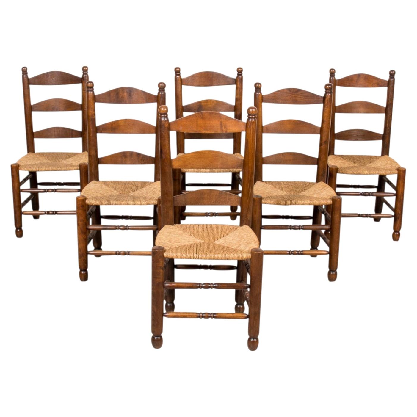 Set of Six 19th Century French Ladderback Walnut Chairs with Rush Seats