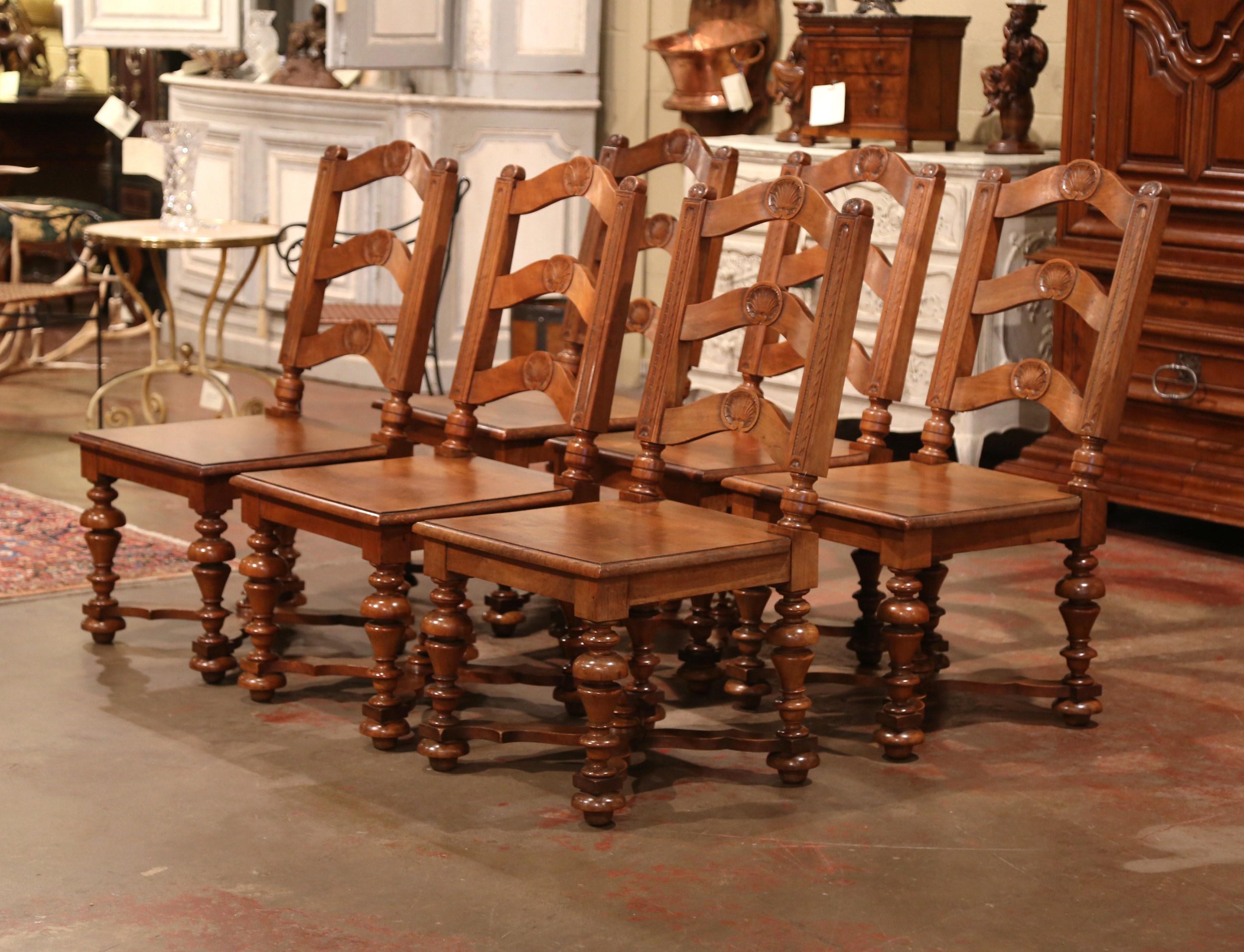 Patinated Set of Six 19th Century French Louis XIII Carved Walnut Ladder Back Chairs