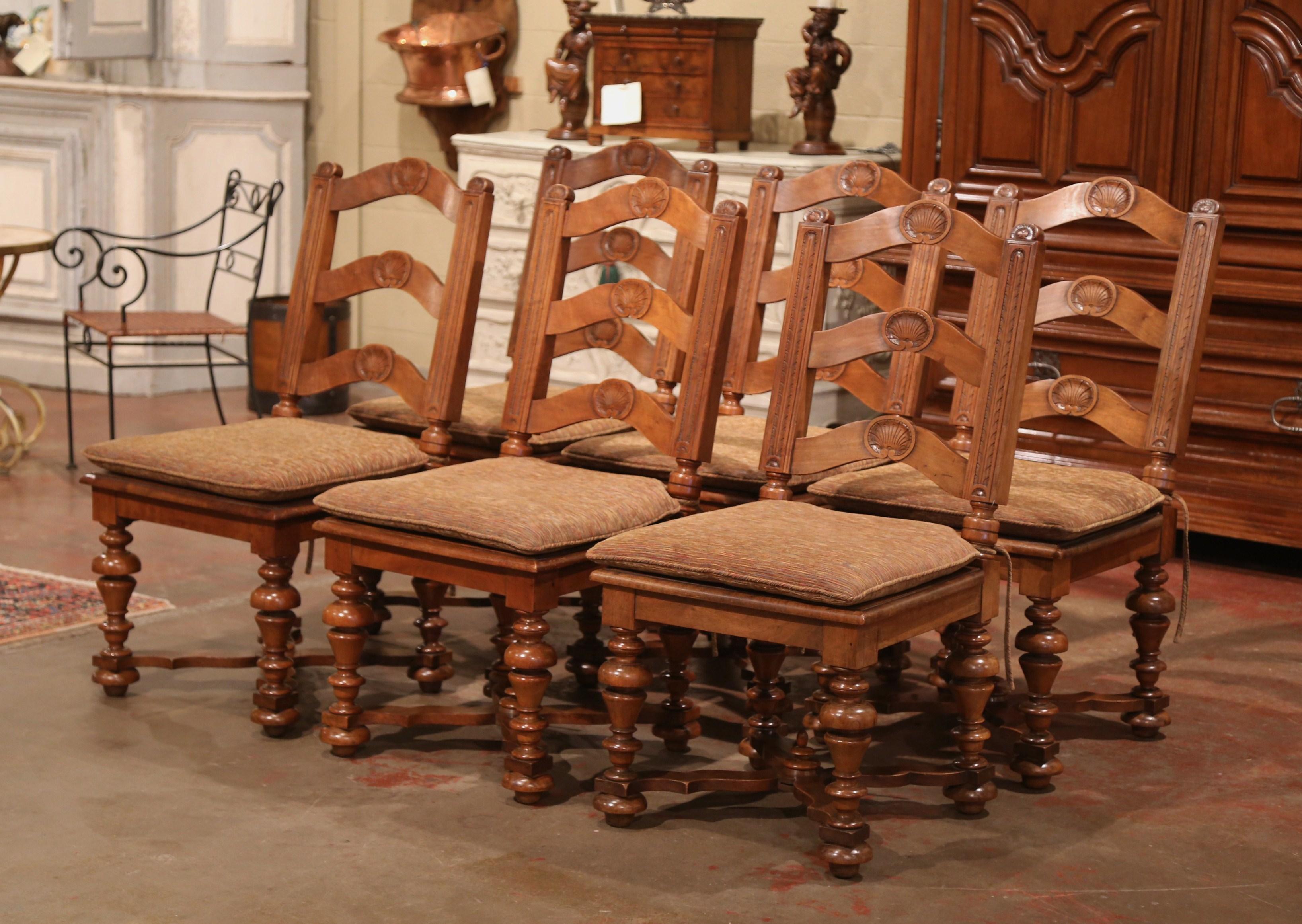 Set of Six 19th Century French Louis XIII Carved Walnut Ladder Back Chairs In Excellent Condition In Dallas, TX
