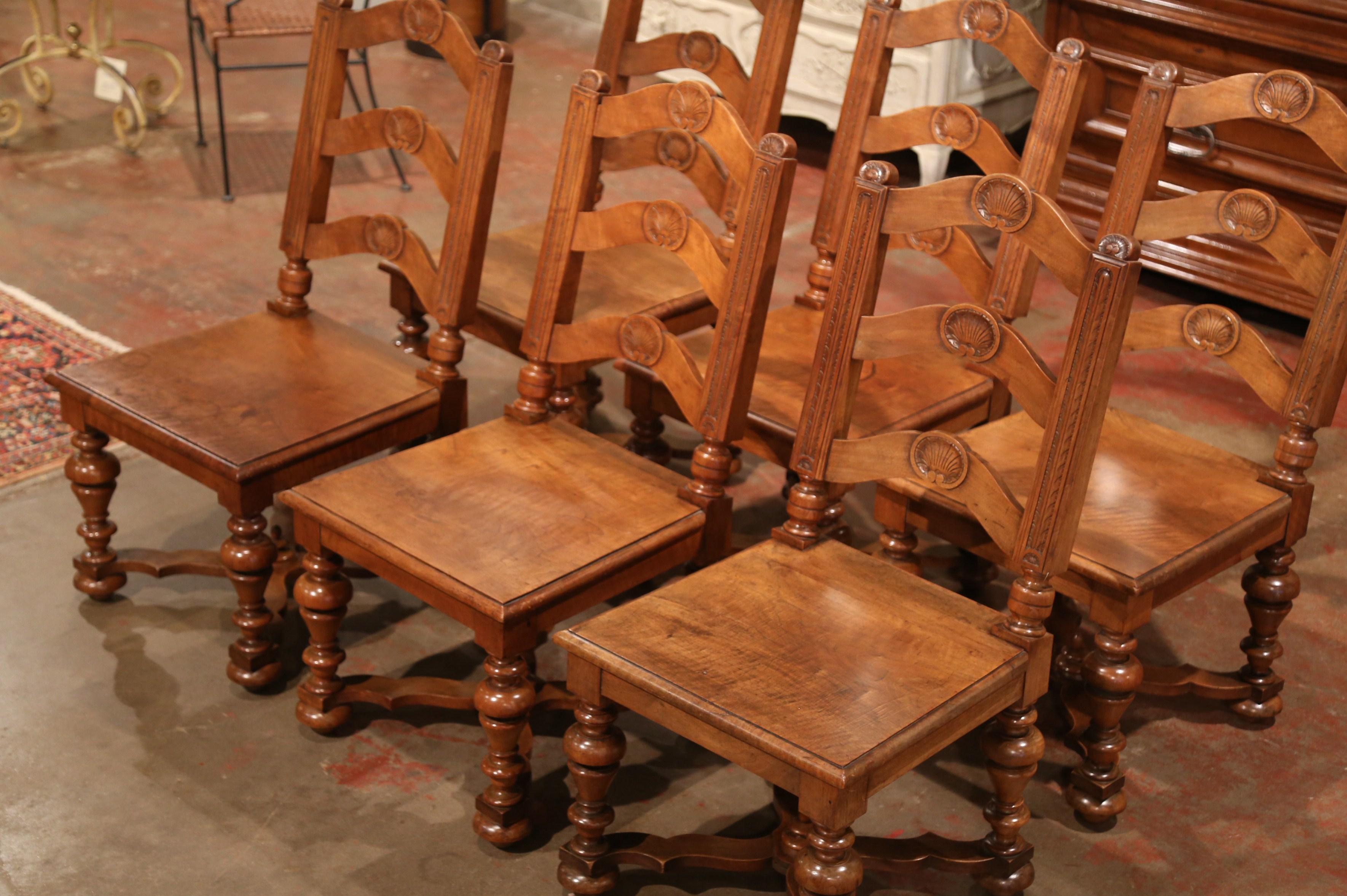 Set of Six 19th Century French Louis XIII Carved Walnut Ladder Back Chairs 5