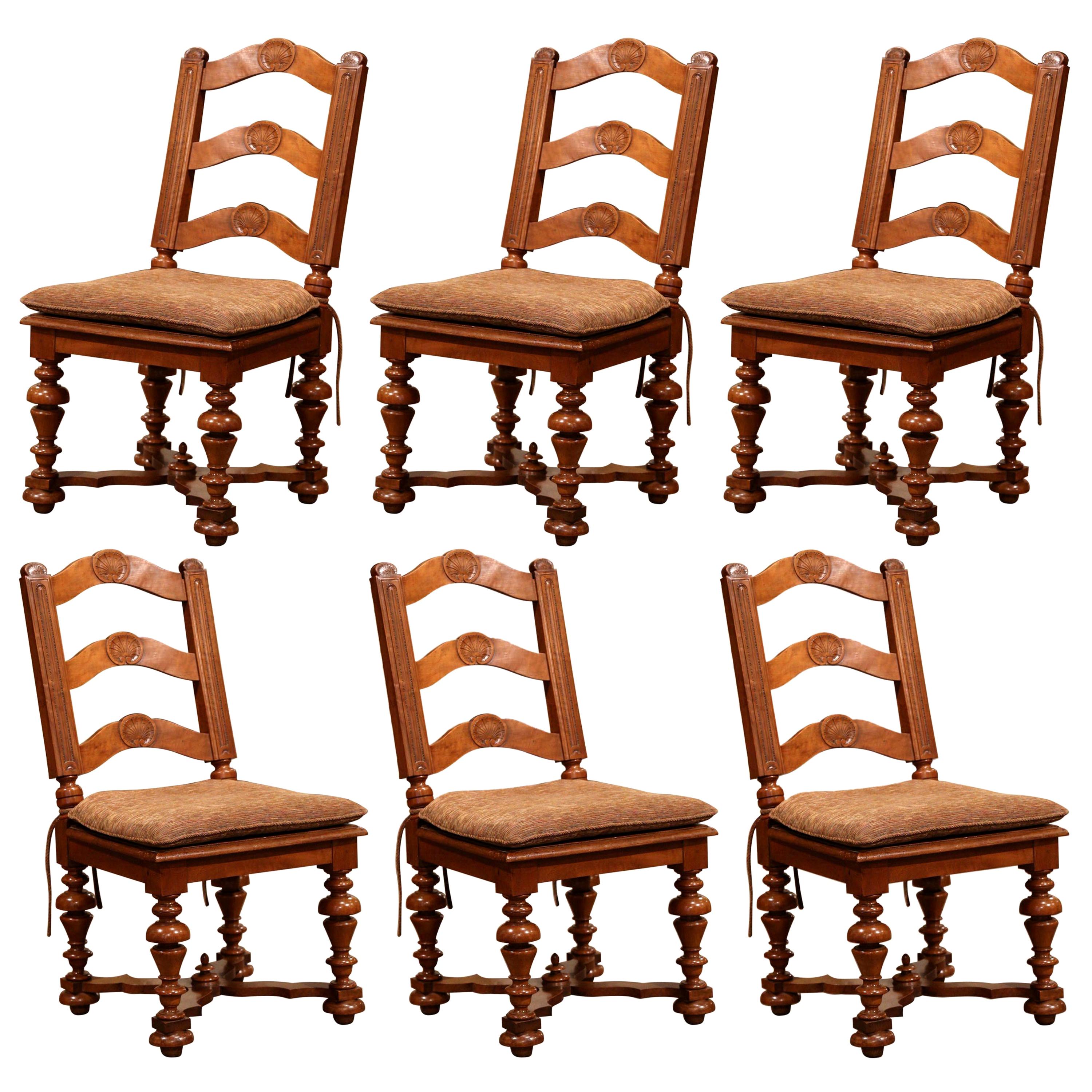 Set of Six 19th Century French Louis XIII Carved Walnut Ladder Back Chairs