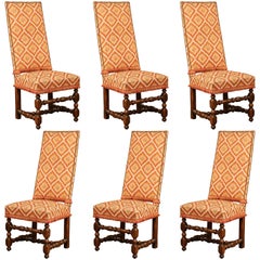 Set of Six 19th Century French Louis XIII Carved Walnut Tall Back Sidechairs