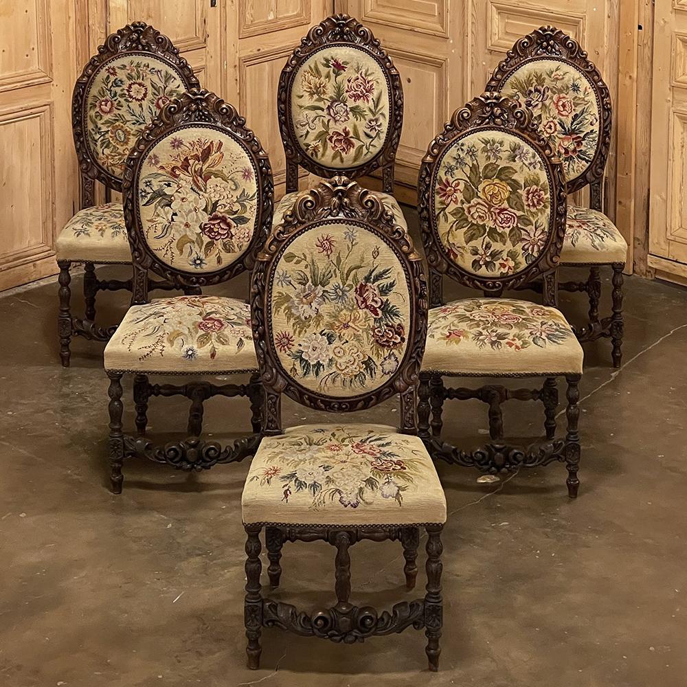 Hand-Carved Set of Six 19th Century French Louis XVI Dining Chairs ~ Original Needlepoint For Sale