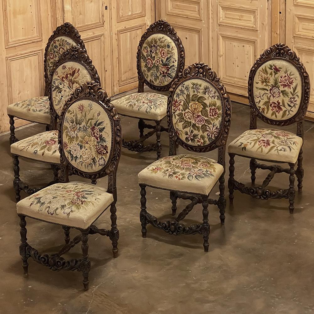 Set of Six 19th Century French Louis XVI Dining Chairs ~ Original Needlepoint In Good Condition For Sale In Dallas, TX