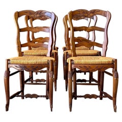 Set of Six 19th Century French Provincial Walnut Chairs with Rush Seats