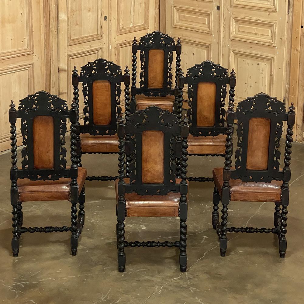 Renaissance Revival Set of Six 19th Century French Renaissance Dining Chairs with Leather For Sale