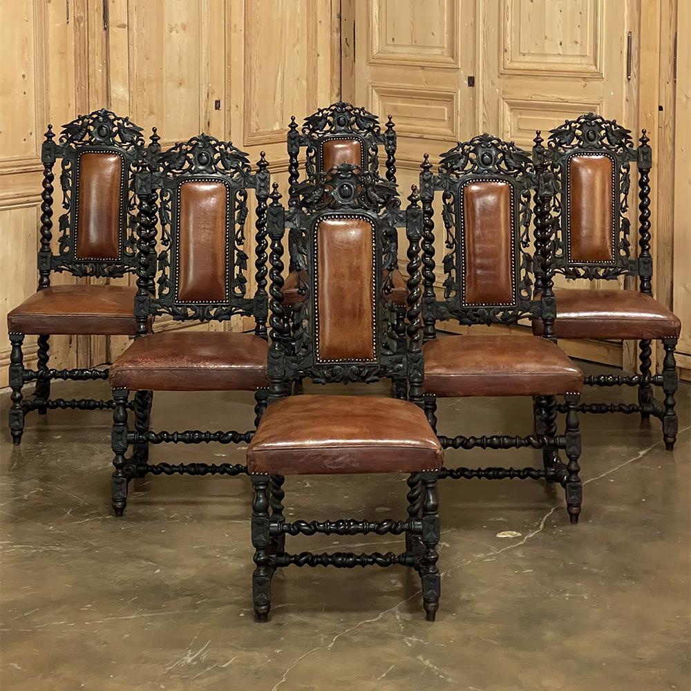 Hand-Carved Set of Six 19th Century French Renaissance Dining Chairs with Leather For Sale