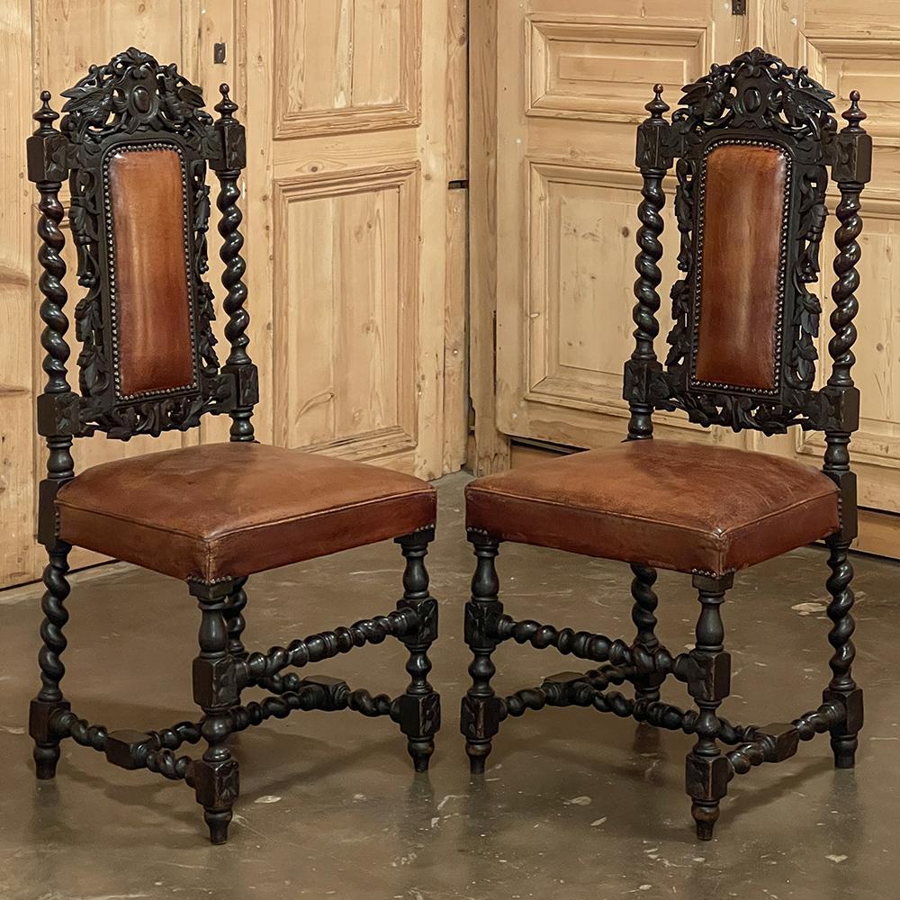 Late 19th Century Set of Six 19th Century French Renaissance Dining Chairs with Leather For Sale