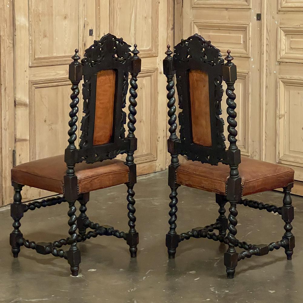 Set of Six 19th Century French Renaissance Dining Chairs with Leather For Sale 1