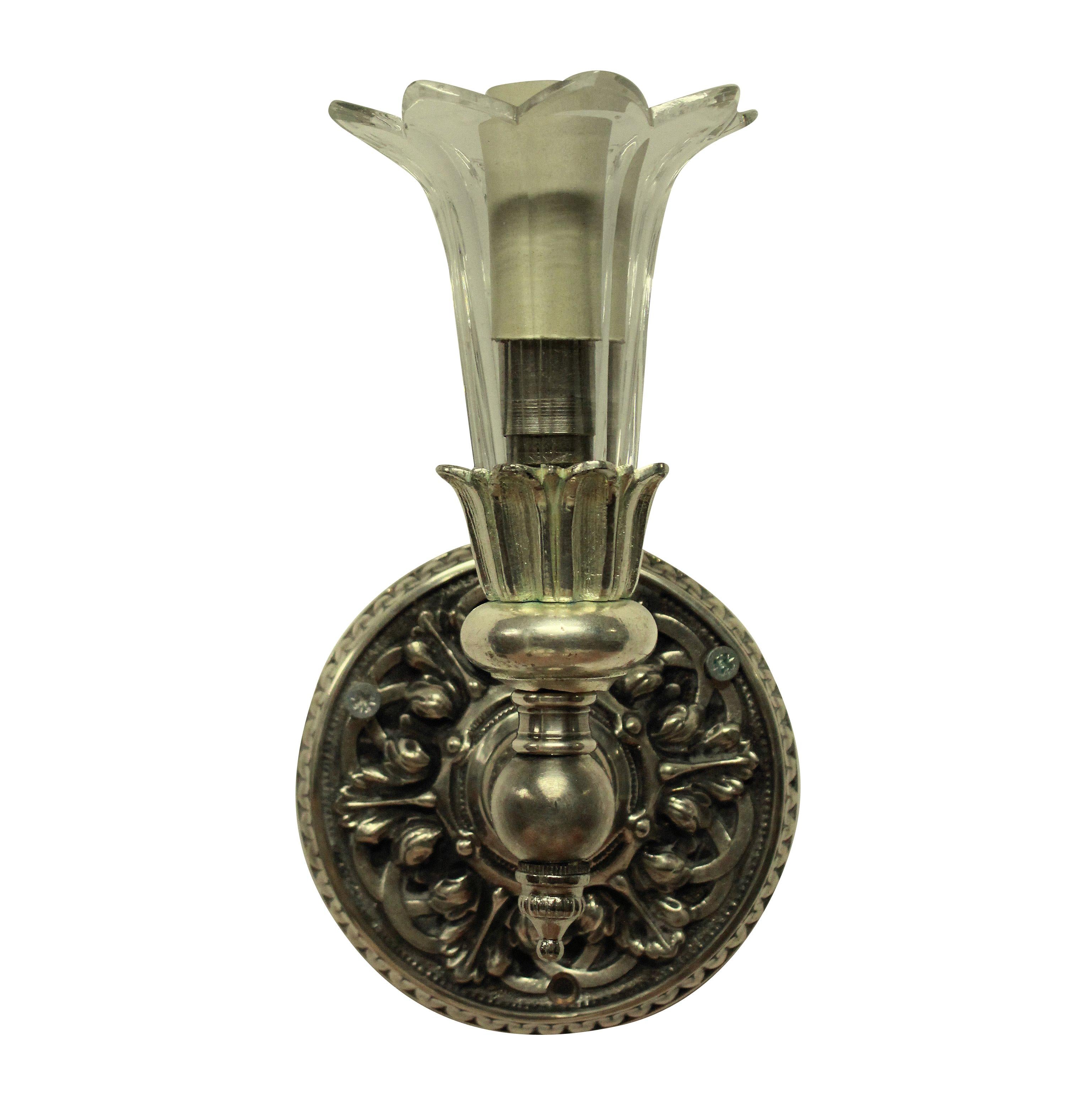 A set of six unusual French silver plated bronze single arm wall sconces with a tulip shaped cut glass nozzle. Formerly gasoliers.