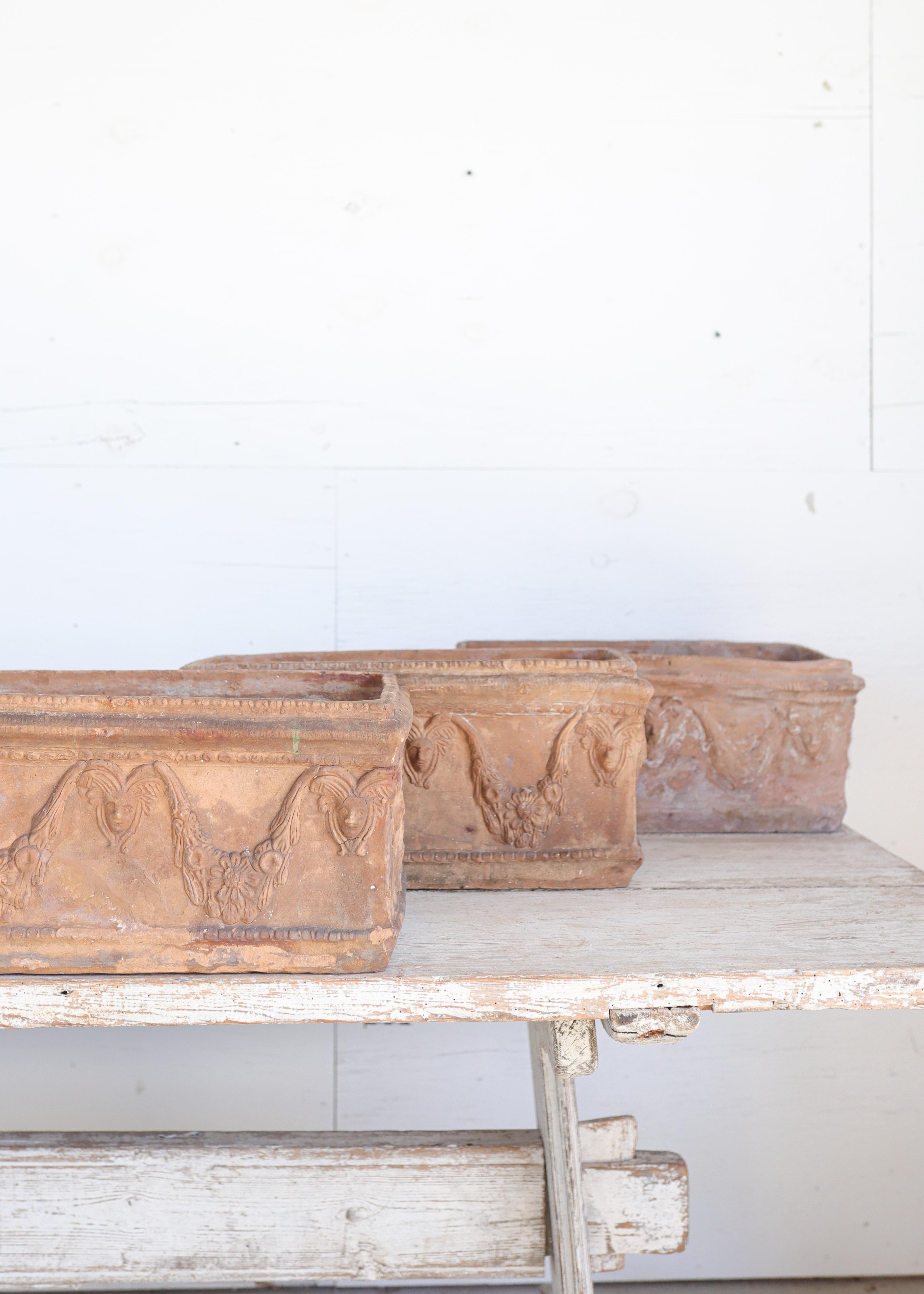 A beautiful collection of six small rectangular terracotta planters dating to the 19th century. Each planter is richly decorated with classical relief motifs — elegant swags of acanthus leaves and floral garlands terminating in finely modeled female