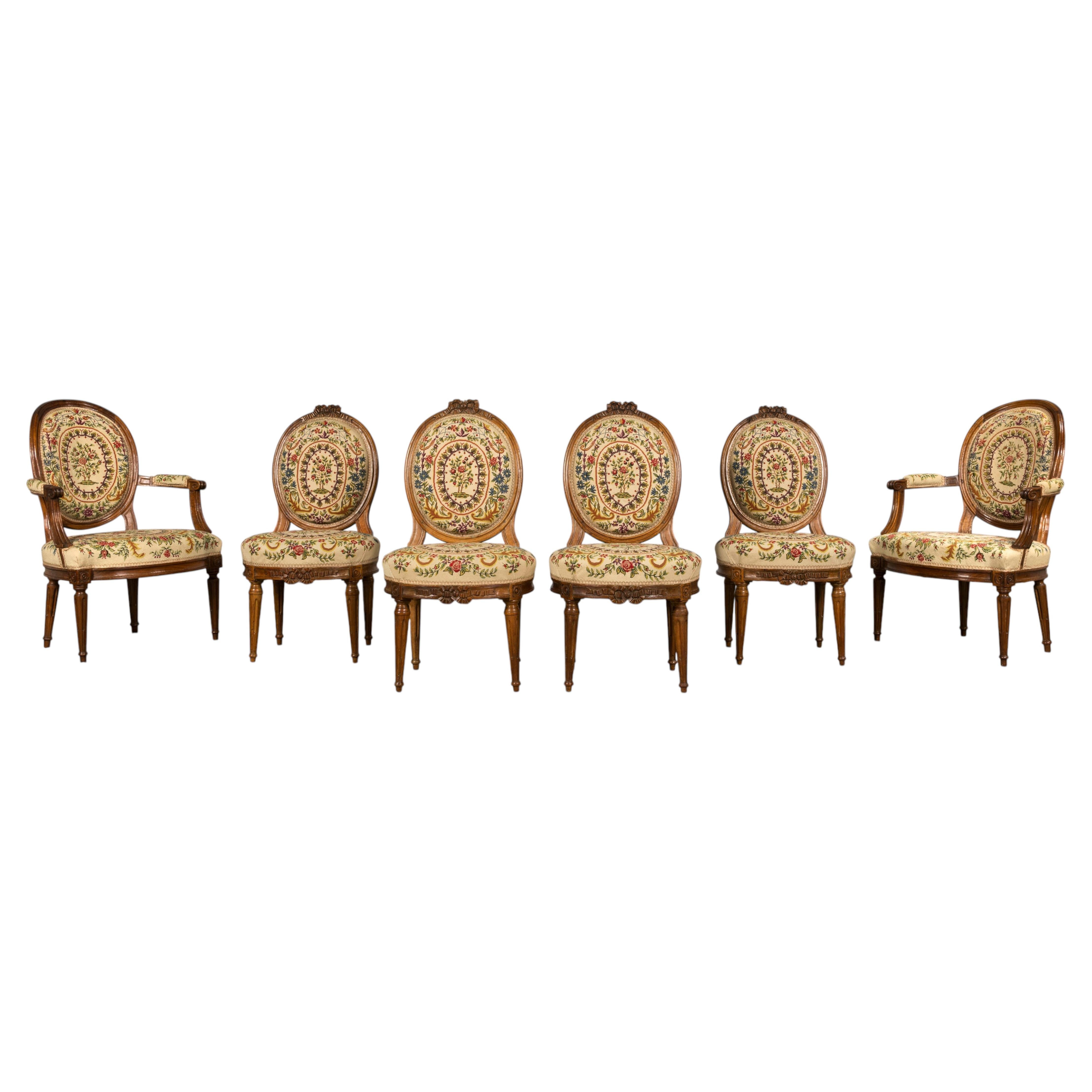 Set of Six 19th Century French Walnut Side Chairs, Louis XVI Style
