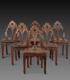 Juego de seis sillas auxiliares góticas de roble del siglo XIX