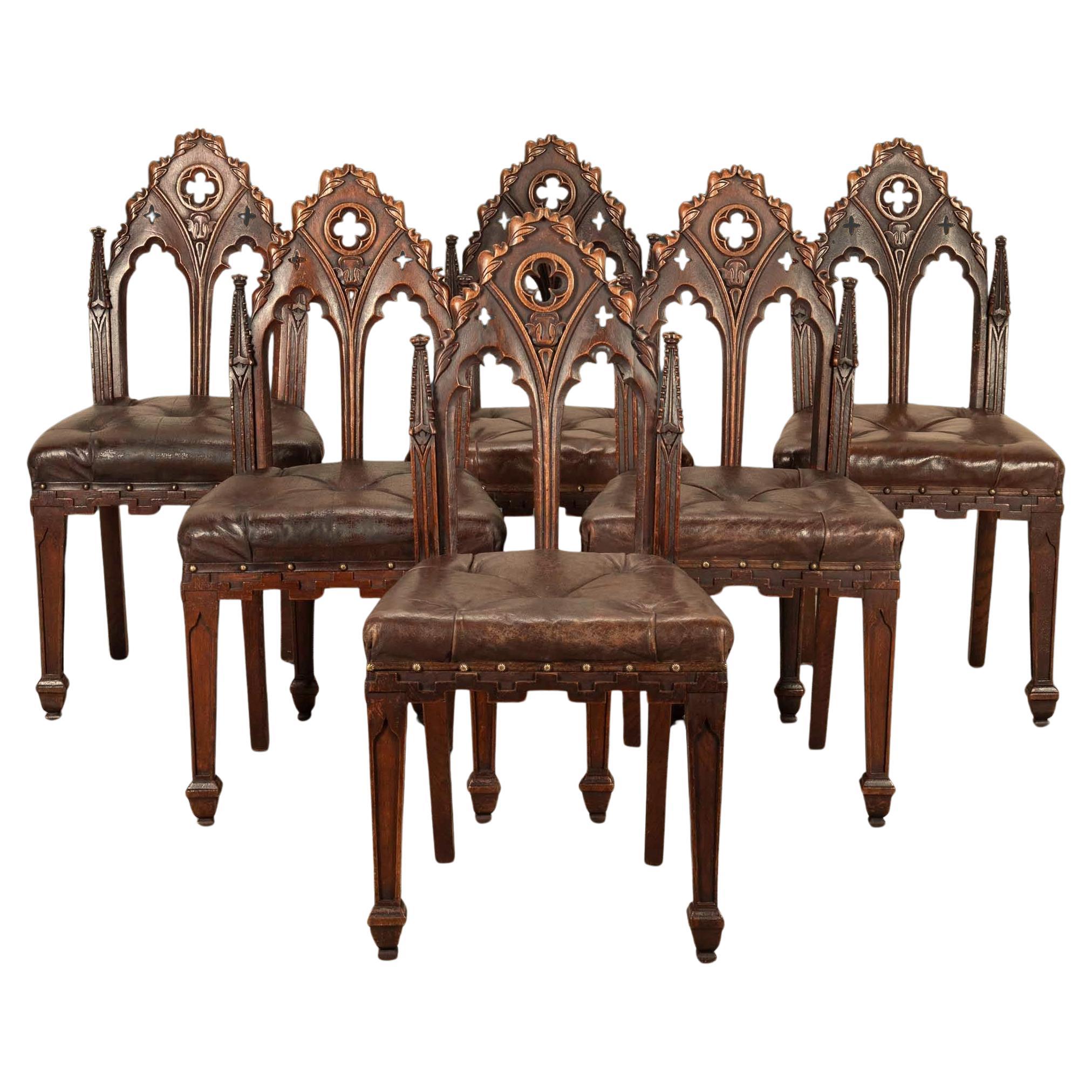 Set of Six 19th Century Gothic Oak Side Chairs For Sale