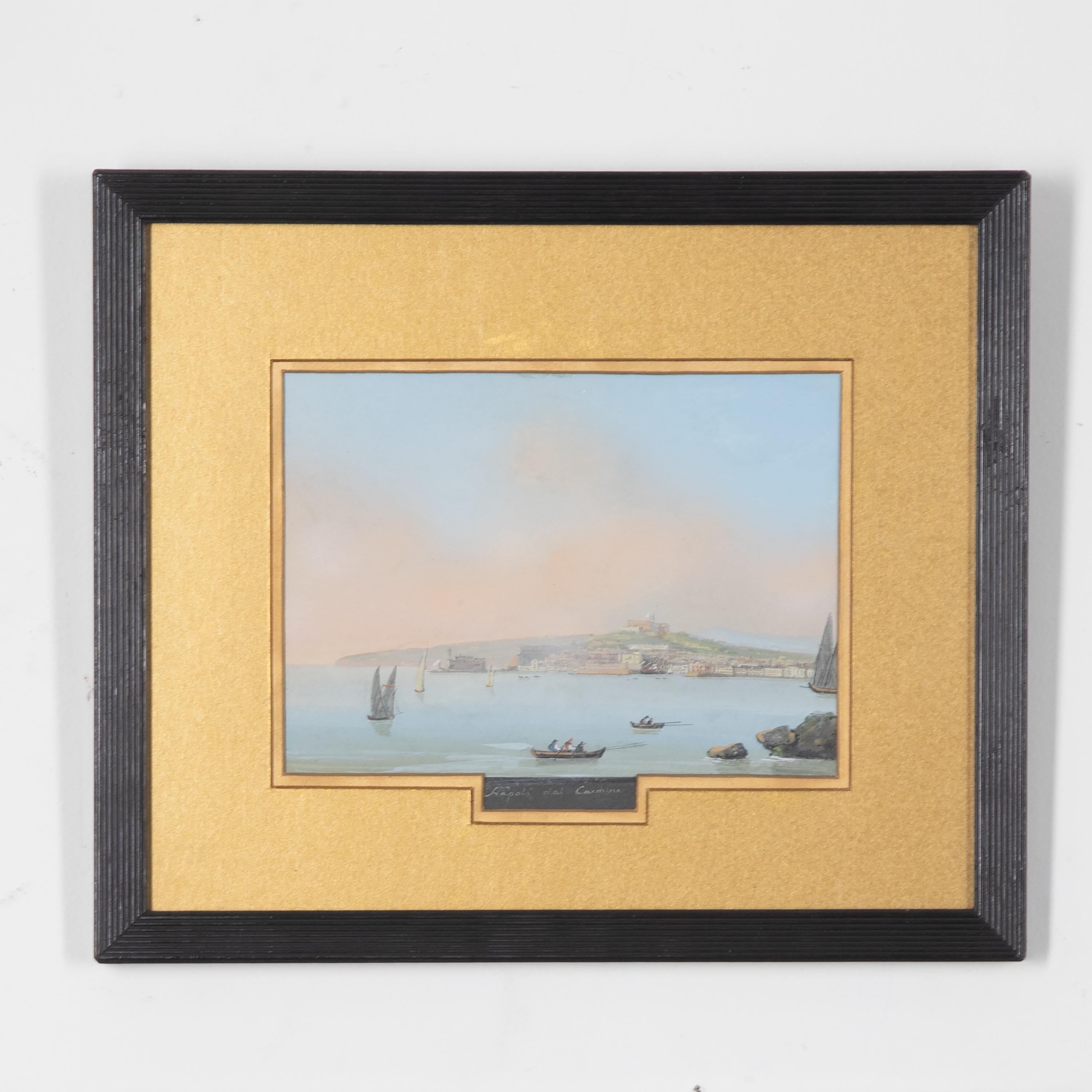 A rare of 6 mid C19th classical Grand Tour gouaches of unusual scenes depicting Naples, Pompéi and Vesuvius, with broad gold slips and ebonised reeded frames. Circa 1860
Largest 4 - 35cm x 29cm, smaller pair -32cm x 28cm.

