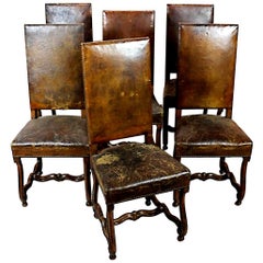 Set of Six 19th Century Hand Carved Walnut and Distressed Leather Dining Chairs