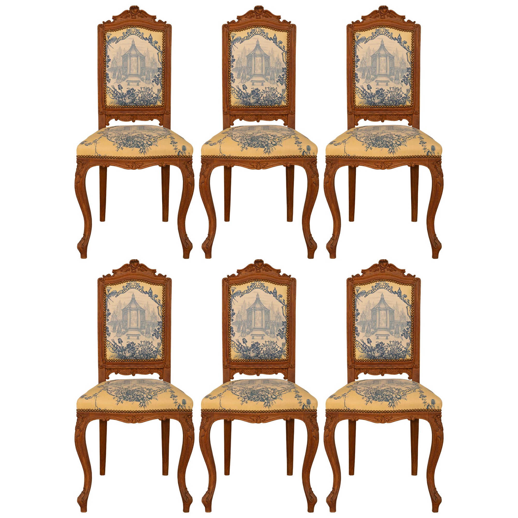 Ensemble de six chaises de salle à manger françaises du 19ème siècle à haut dossier et sculptées de style Louis XVI