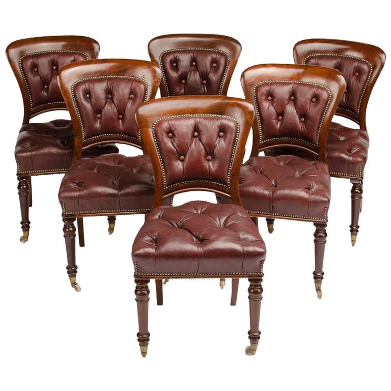 Set of Six 19th Century Irish Walnut and Leather Dining Chairs For Sale