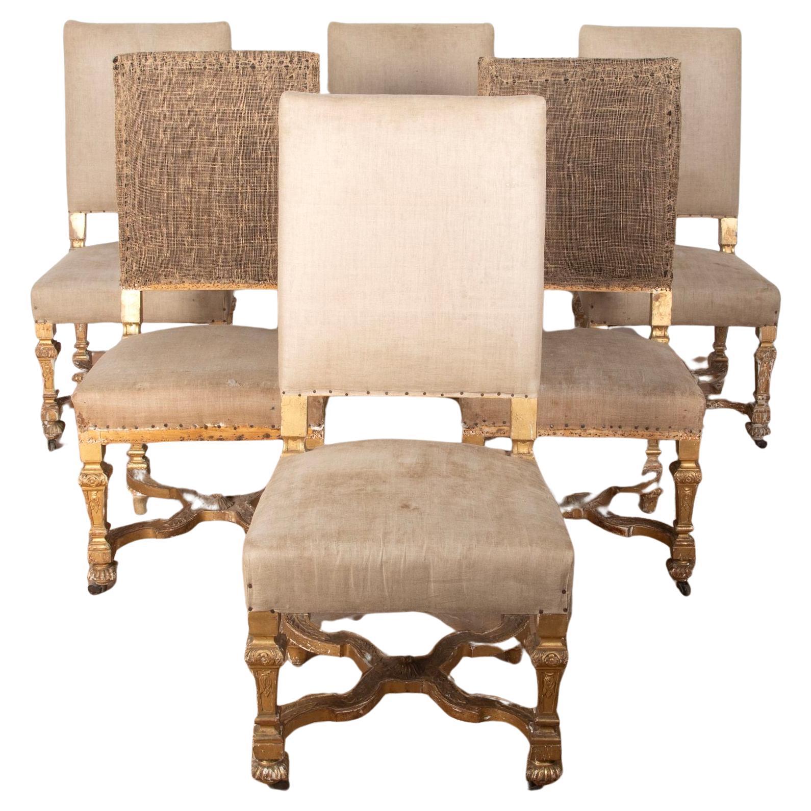 Set of Six 19th Century Louis XIV Style Giltwood Chairs For Sale
