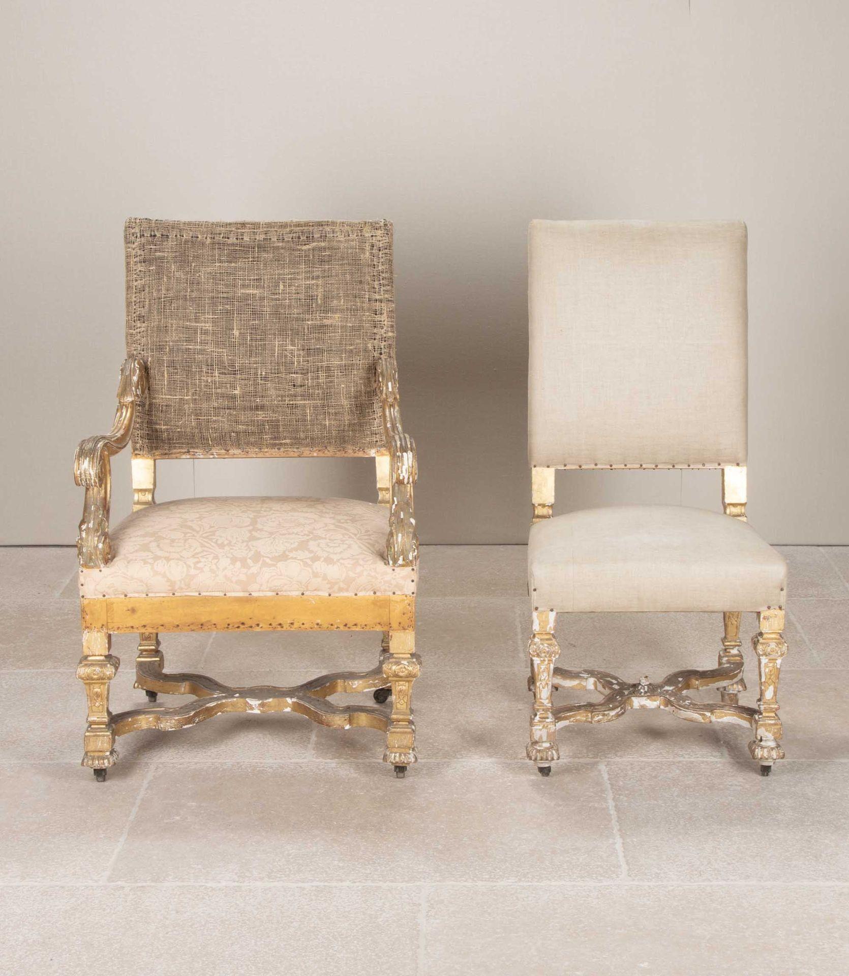 Set of six 19th Century French giltwood dining chairs and two open armchairs.
With elaborate wavy X-frame stretchers in Louis XIV style, on castors.
In good sturdy condition and ready for recovering. 

Armchair dimensions: 105cm height x 64cm width