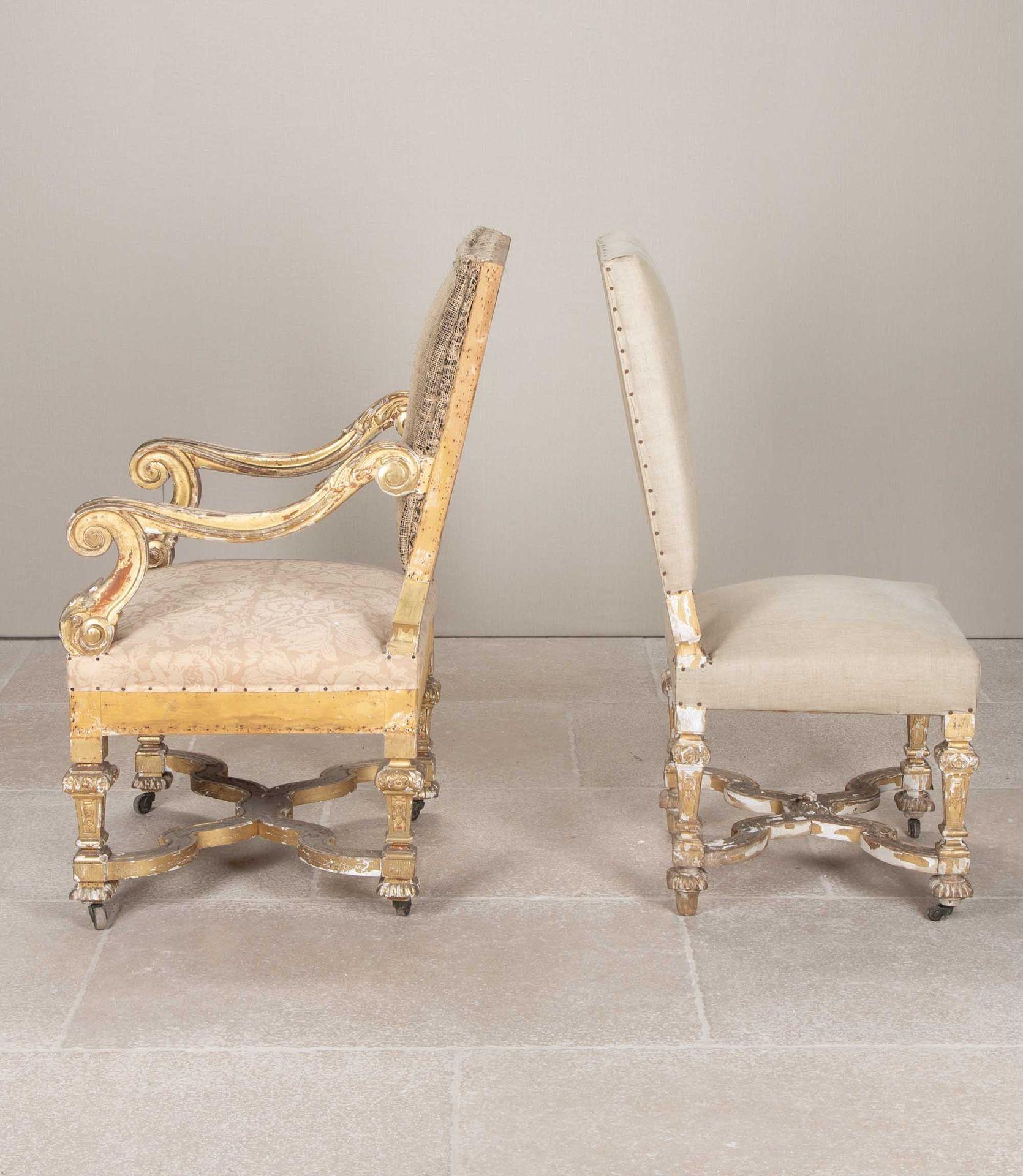 Upholstery Set of Six 19th Century Louis XIV Style Giltwood Dining Chairs and Two Armchairs For Sale