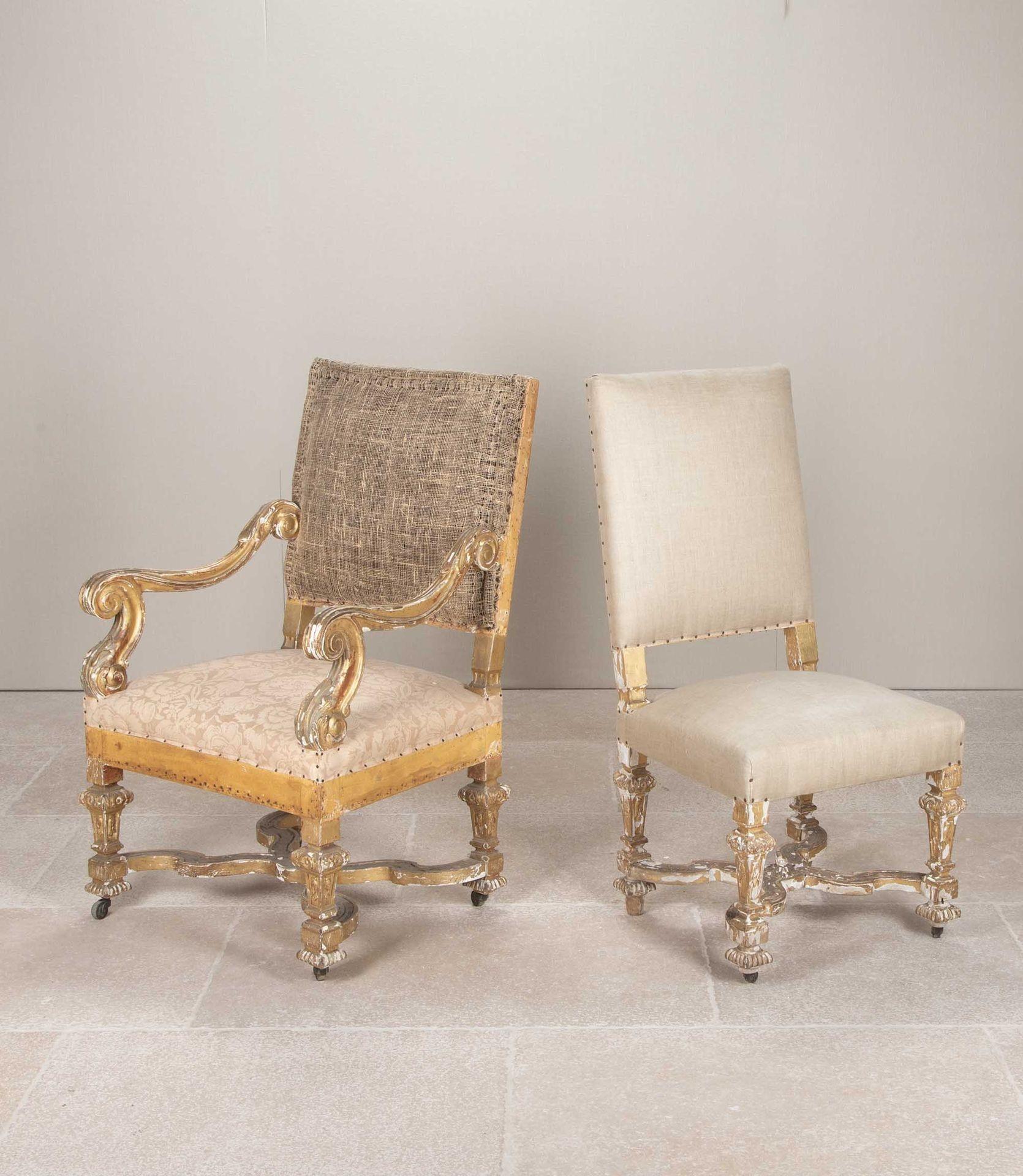 Set of Six 19th Century Louis XIV Style Giltwood Dining Chairs and Two Armchairs For Sale 1