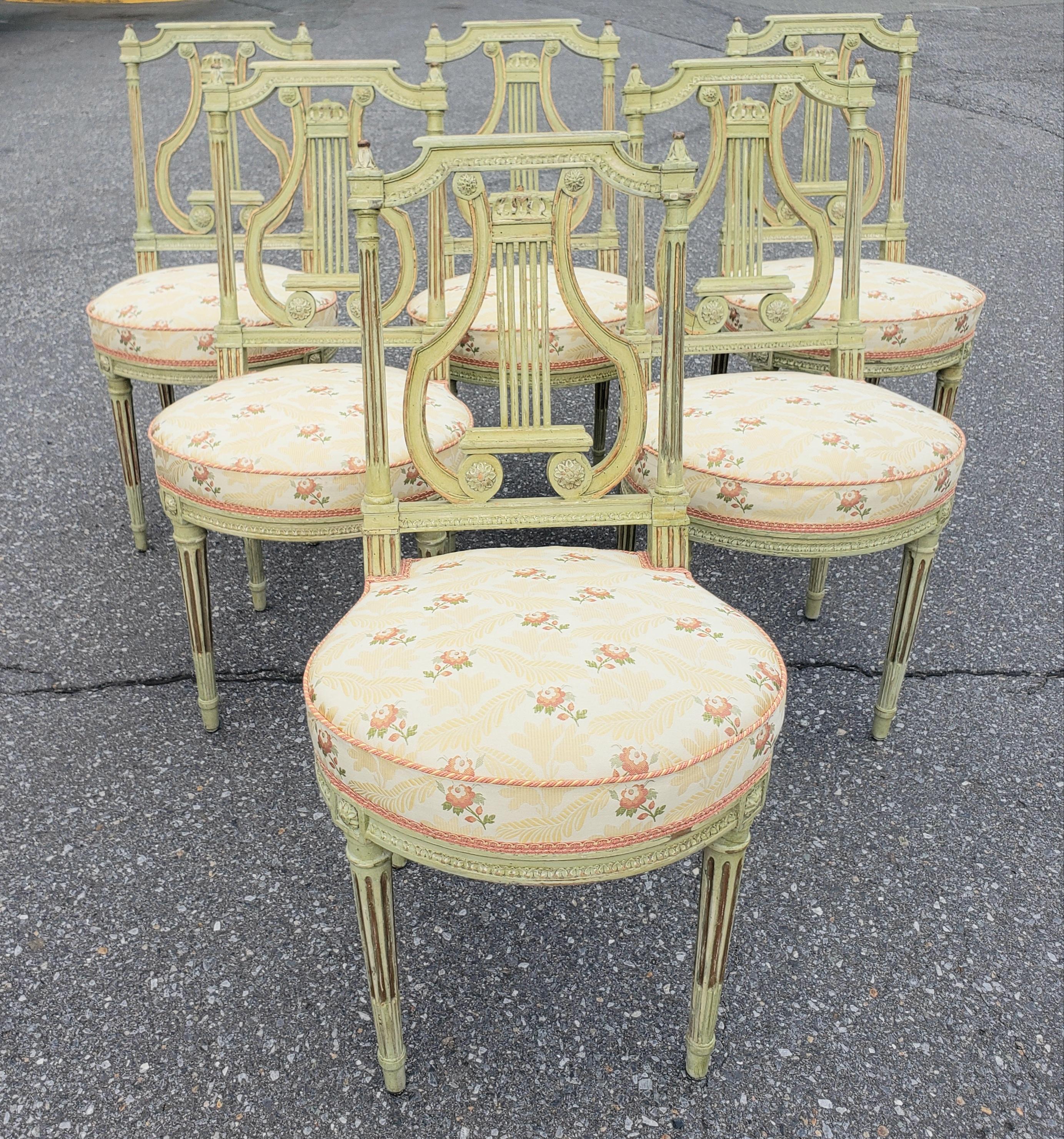 Set Of Six 19th Century Louis XVI Style Green Parcel Gilt Painted Dining Chairs For Sale 6