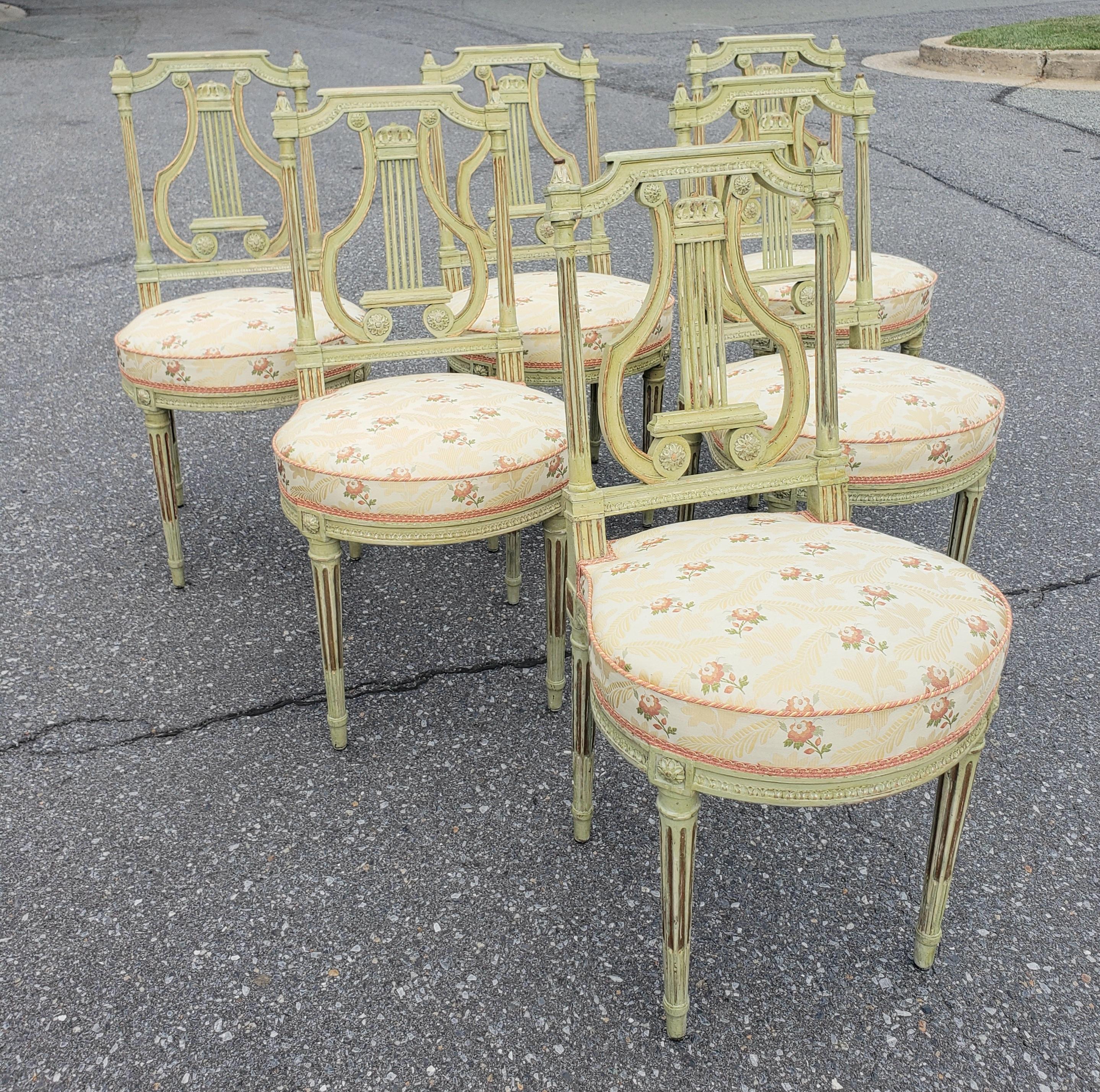 Set Of Six 19th Century Louis XVI Style Green Parcel Gilt Painted Dining Chairs For Sale 7