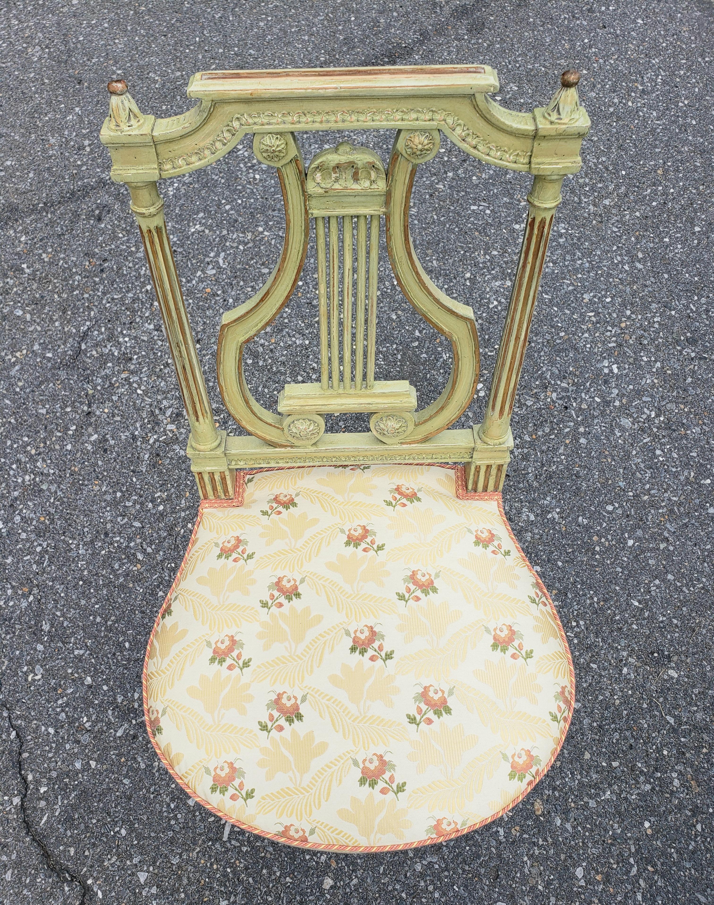 Hardwood Set Of Six 19th Century Louis XVI Style Green Parcel Gilt Painted Dining Chairs For Sale