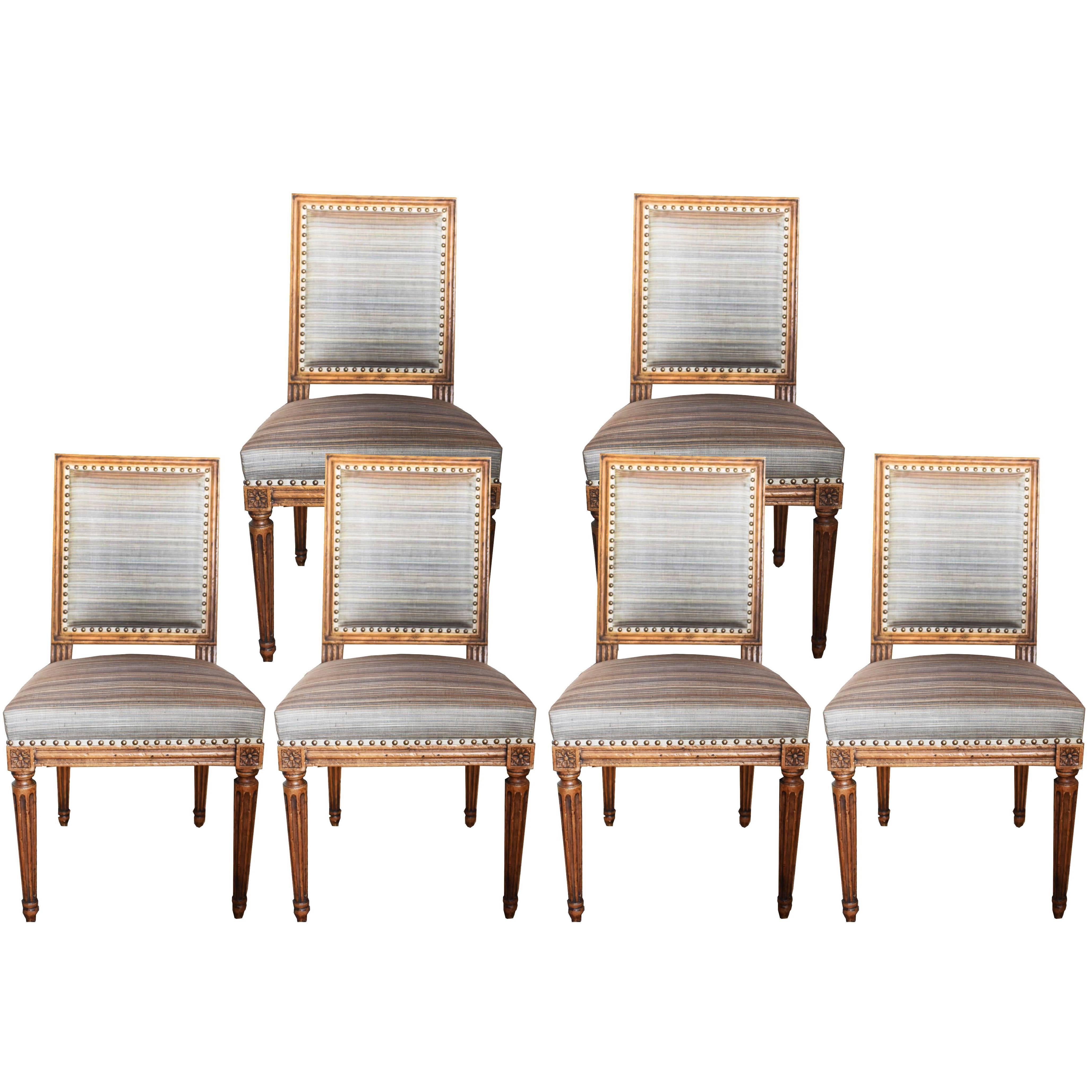 Set of Six 19th Century Louis XVI Style Walnut Chairs