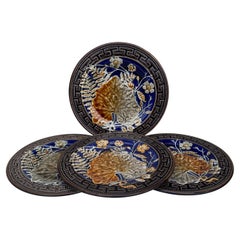 Set of Six 19th Century Majolica Leaves & Flowers Plates Choisy Le Roi