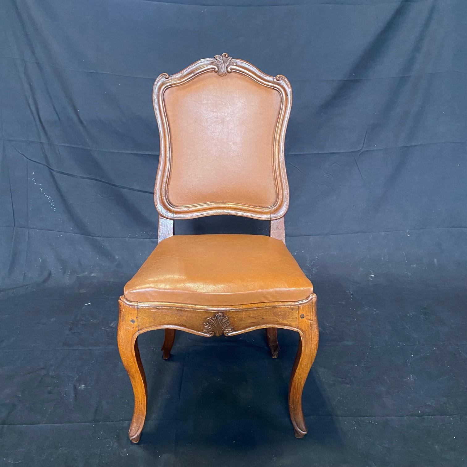 Louis XV Set of Six 19th Century Museum Quality Walnut & Faux Leather Dining Chairs For Sale