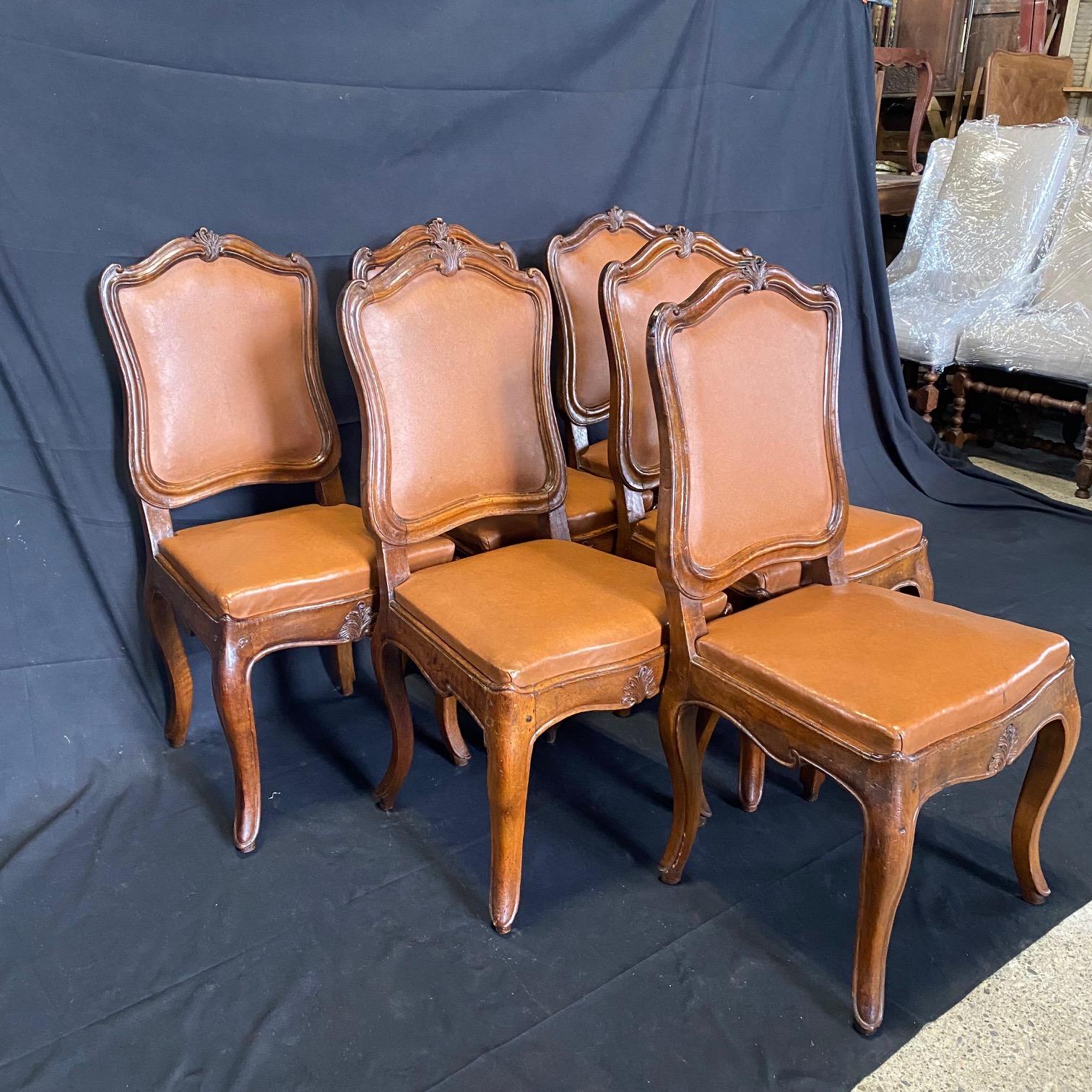 Italian Set of Six 19th Century Museum Quality Walnut & Faux Leather Dining Chairs For Sale