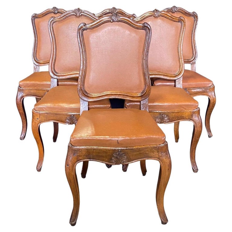 Set of Six 19th Century Museum Quality Walnut and Faux Leather Dining Chairs  For Sale at 1stDibs