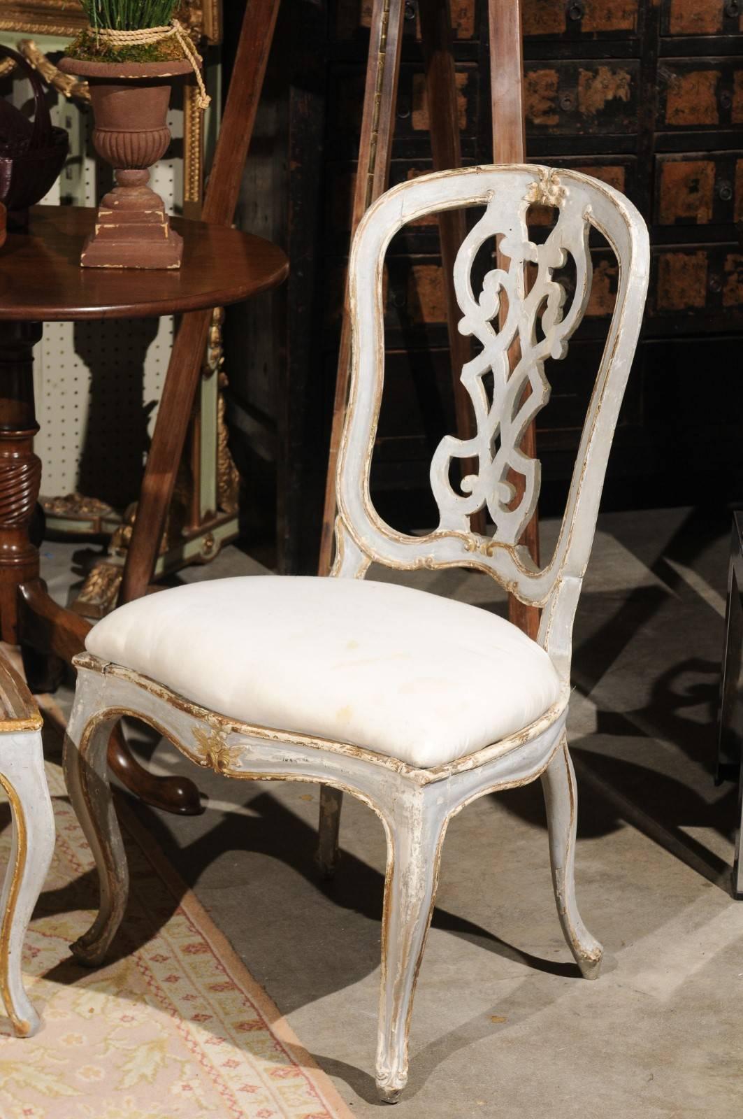 Hand-Carved Set of Six 19th Century Painted Dining Chairs