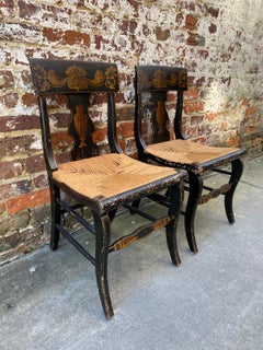 Set of Six 19th Century Side Chairs in Black Paint with Gold Painted Detailing