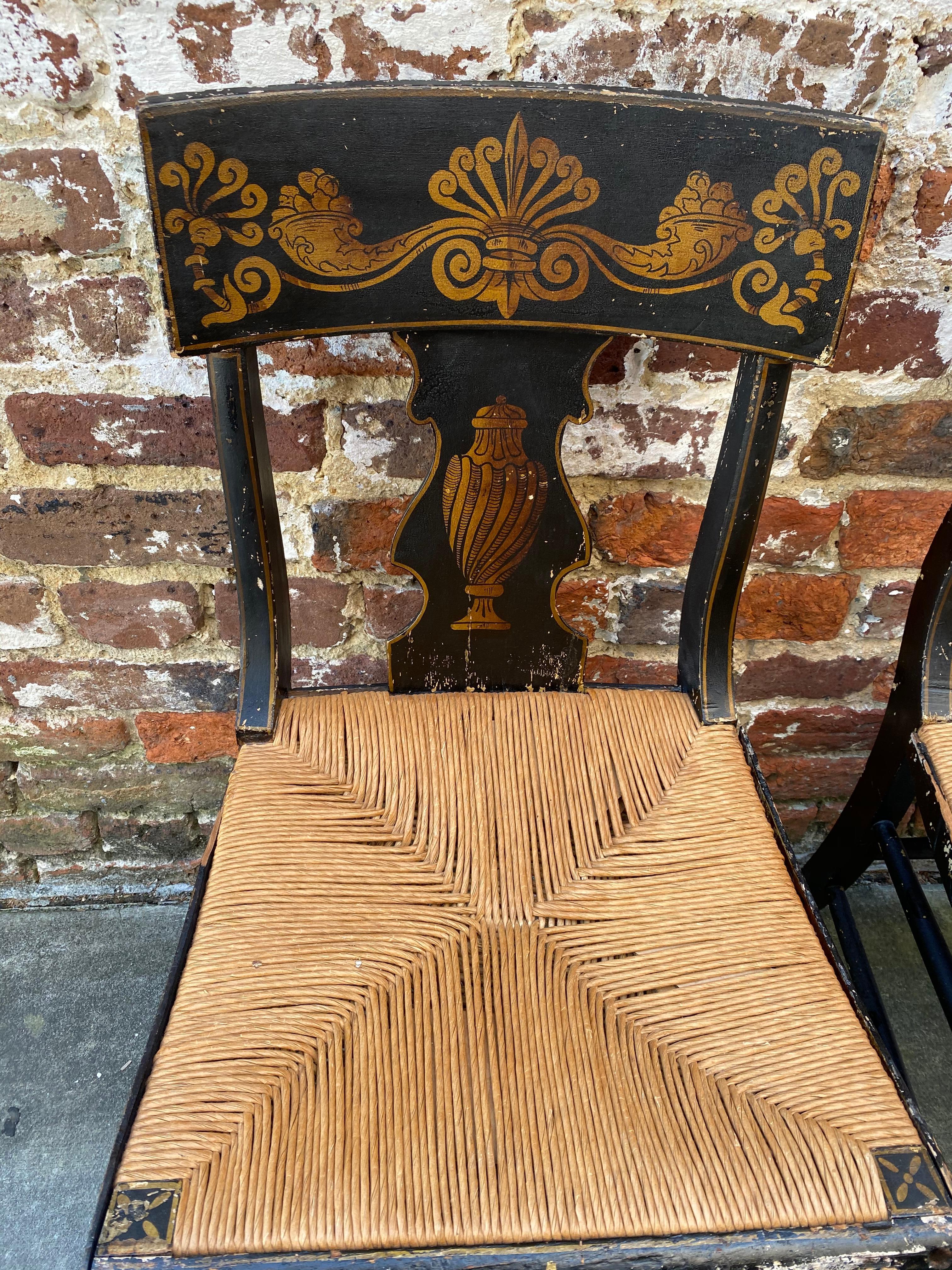 Unknown Set of Six 19th Century Side Chairs in Black Paint with Gold Painted Detailing