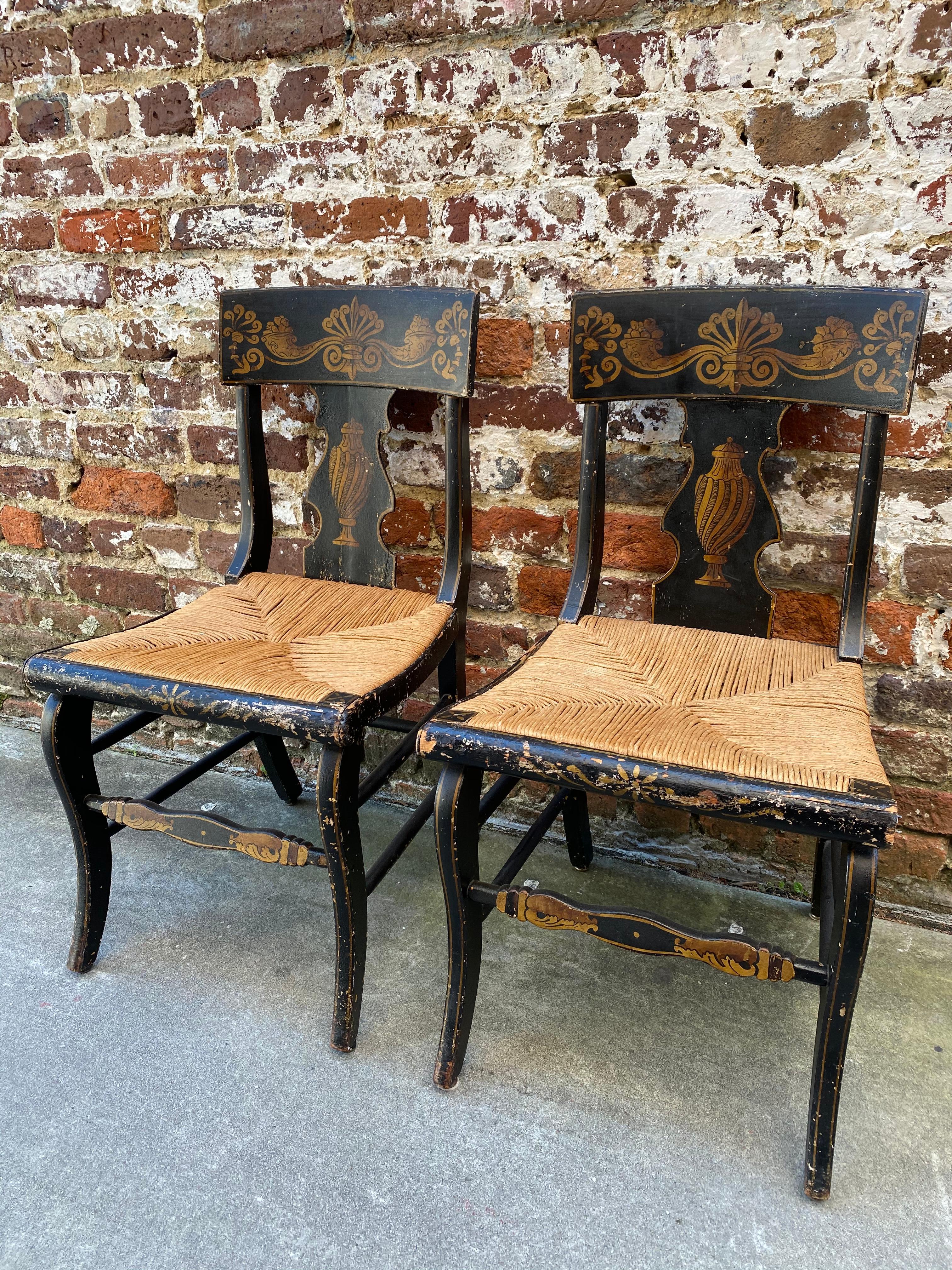 Set of Six 19th Century Side Chairs in Black Paint with Gold Painted Detailing In Good Condition In Charleston, SC