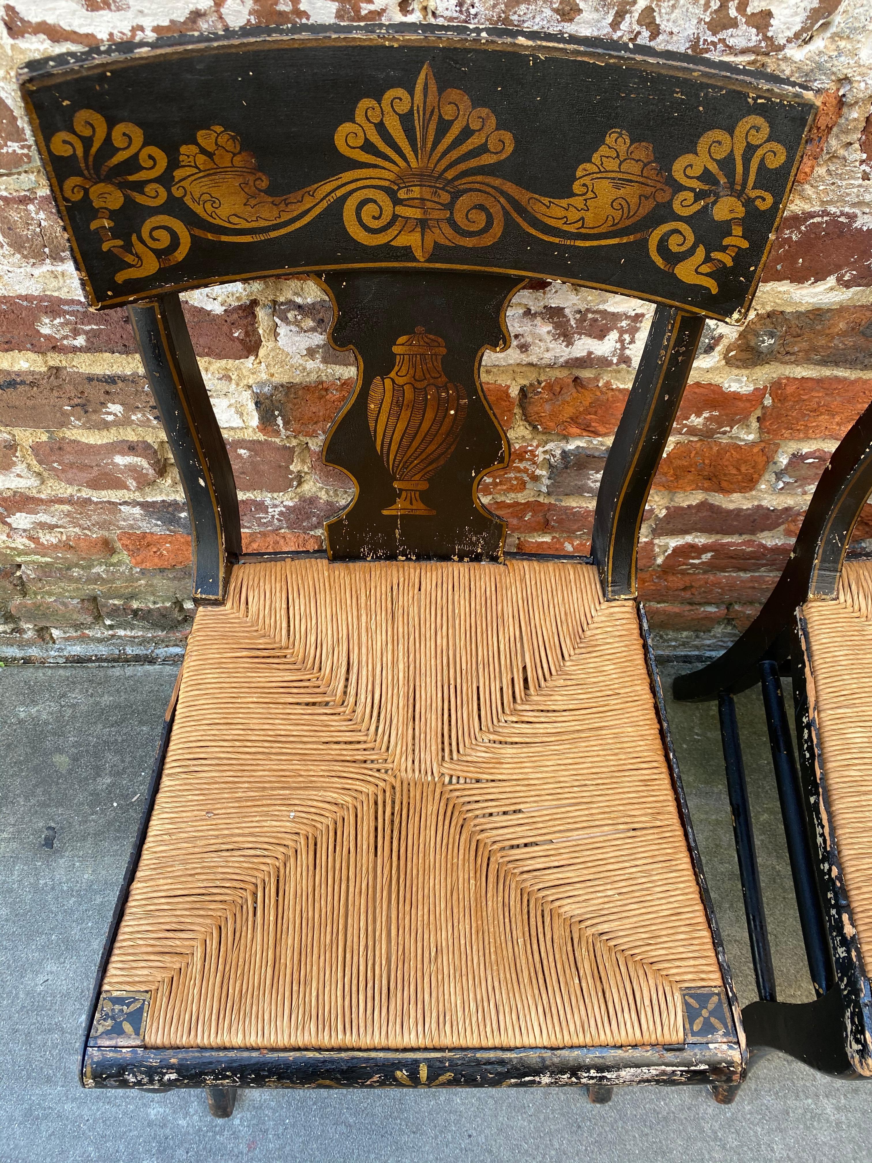 Wood Set of Six 19th Century Side Chairs in Black Paint with Gold Painted Detailing