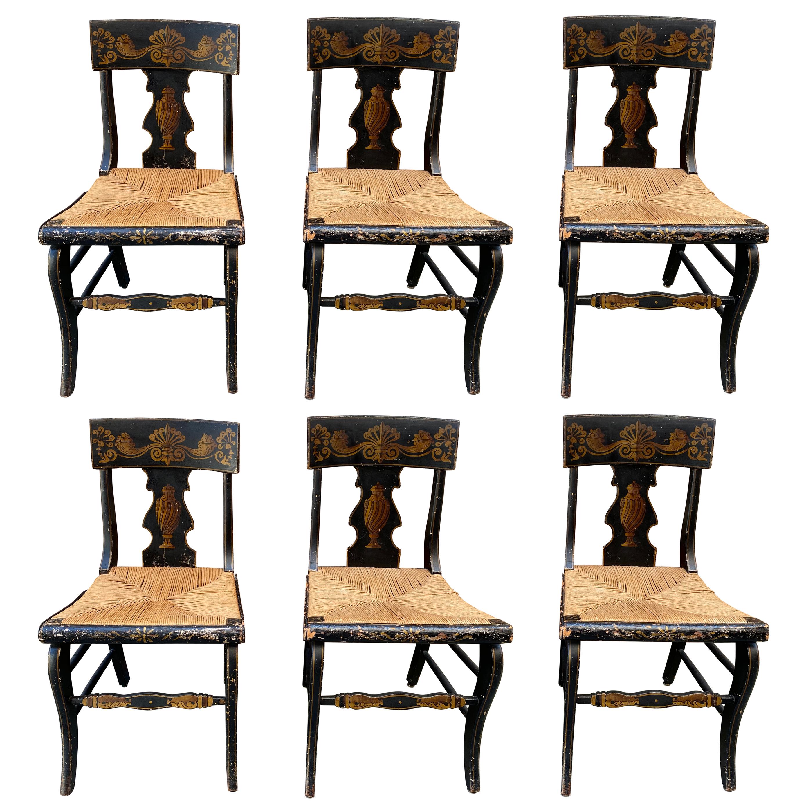 Set of Six 19th Century Side Chairs in Black Paint with Gold Painted Detailing