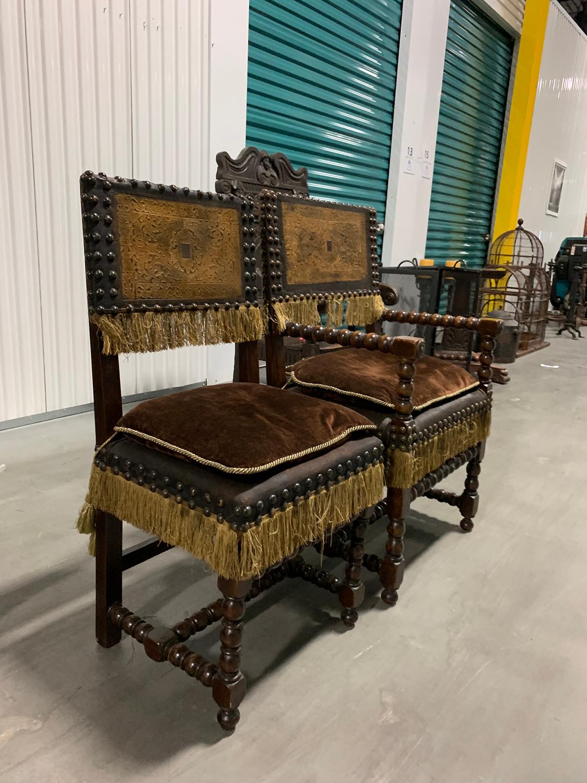 Set of Six 19th Century Spanish Embossed Leather Back Dining Chairs 7