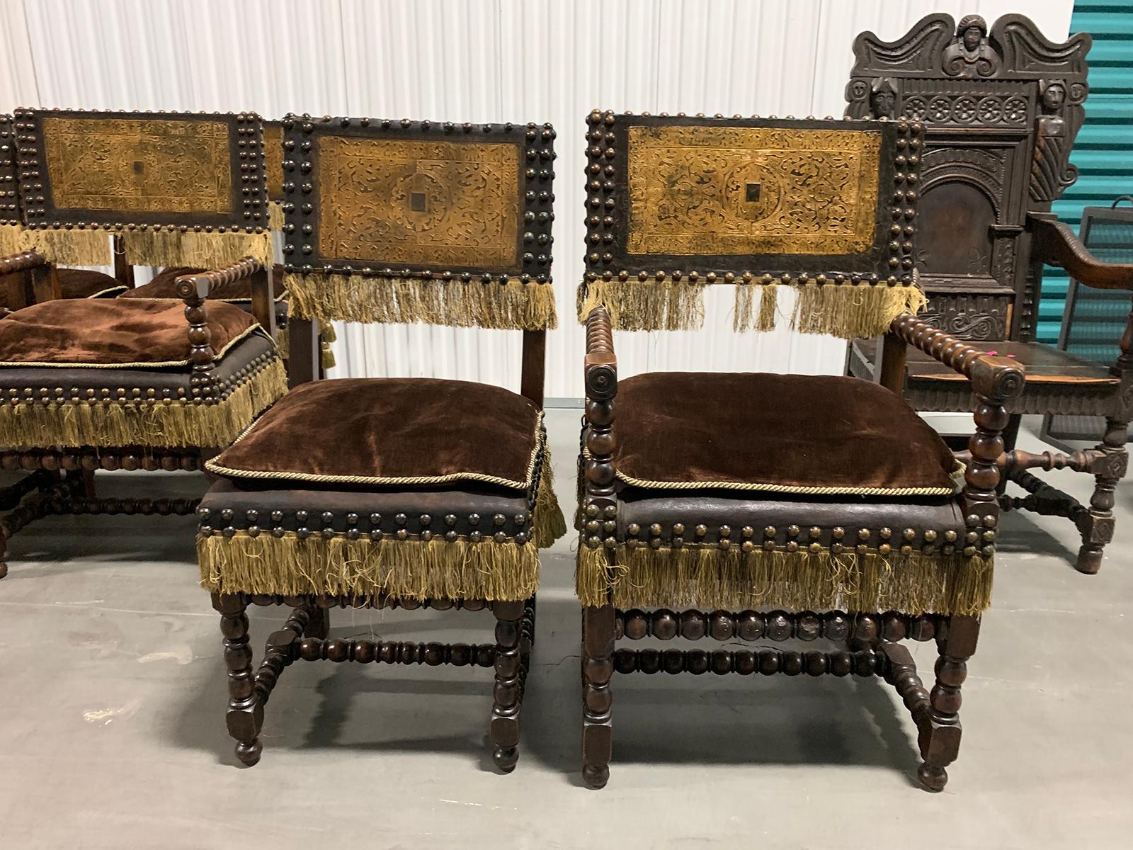 Set of Six 19th Century Spanish Embossed Leather Back Dining Chairs 13