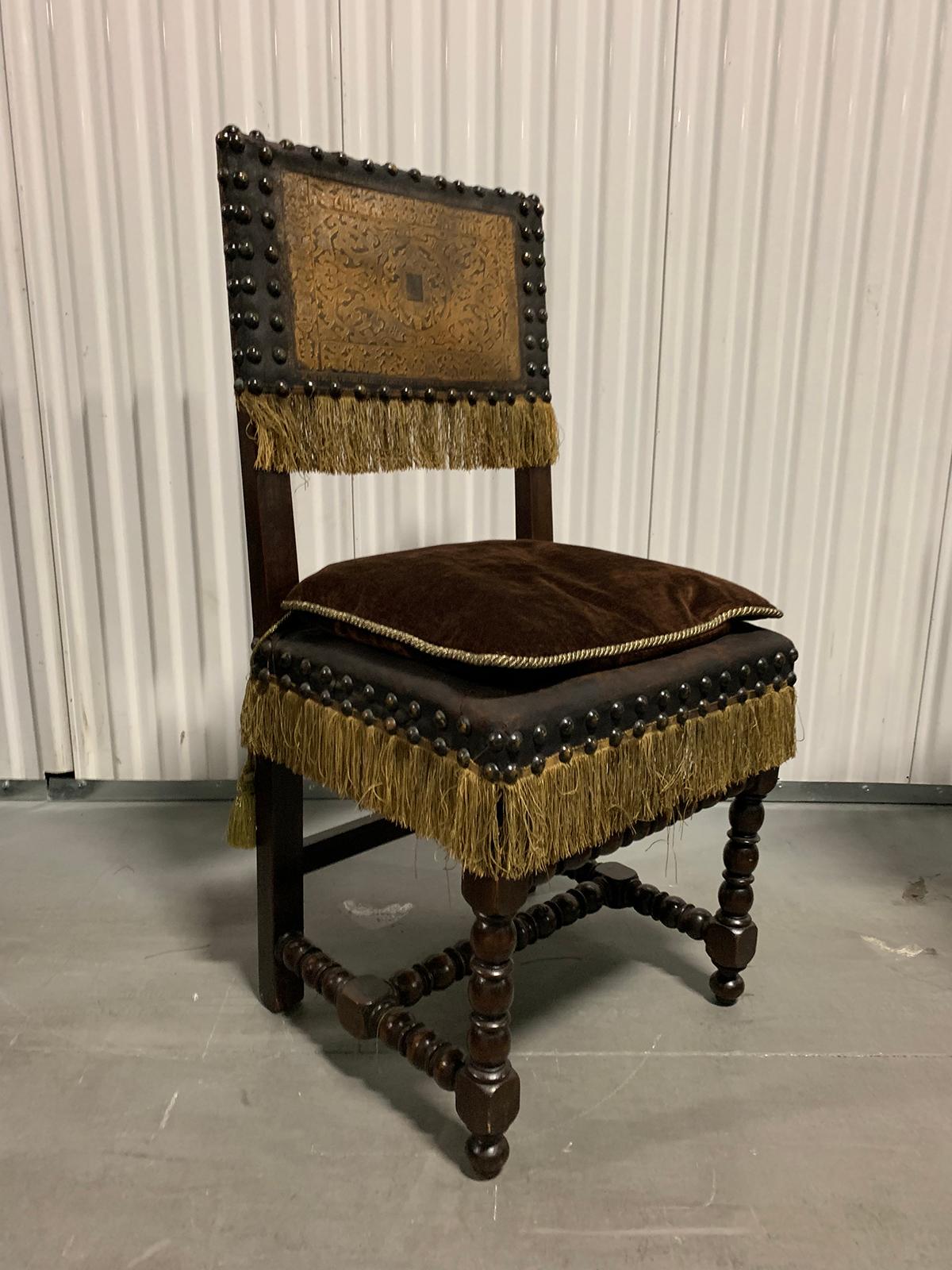 Set of Six 19th Century Spanish Embossed Leather Back Dining Chairs In Good Condition In Atlanta, GA