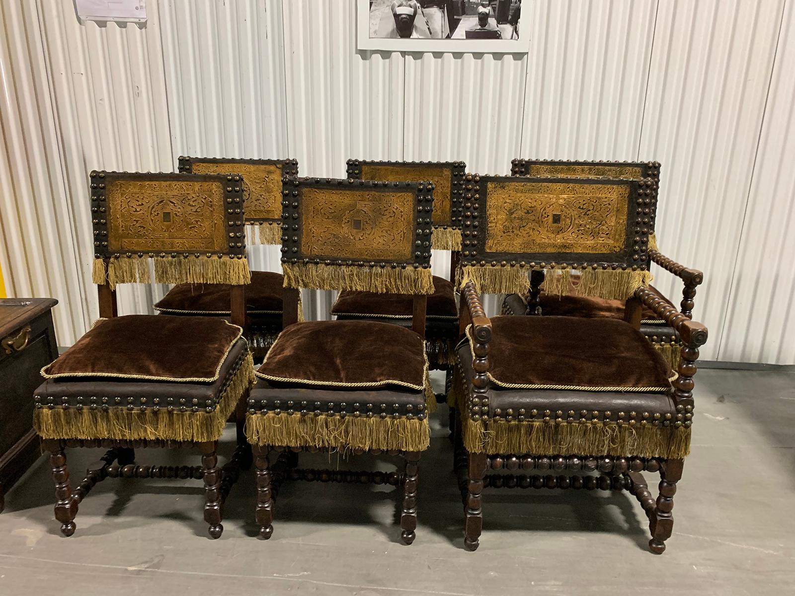 Set of Six 19th Century Spanish Embossed Leather Back Dining Chairs 6