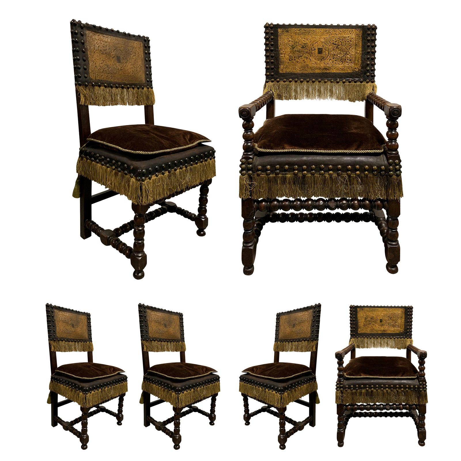 Set of Six 19th Century Spanish Embossed Leather Back Dining Chairs