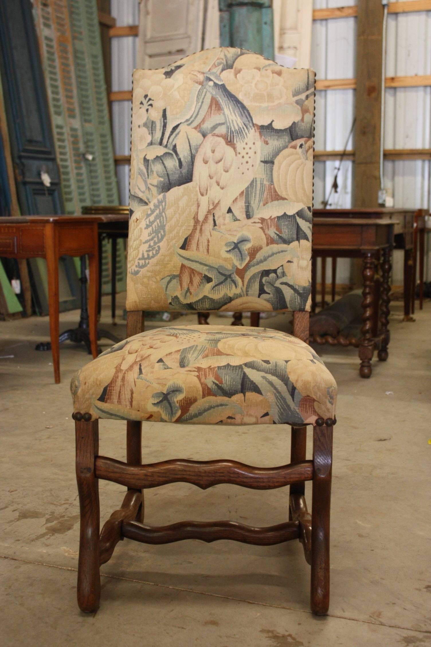 Set of six, 19th century Os de Mouton or mutton bone chairs from France. Frames are in really good condition and the upholstery is in fair condition. The fabric is very attractive, it just has a few tears.