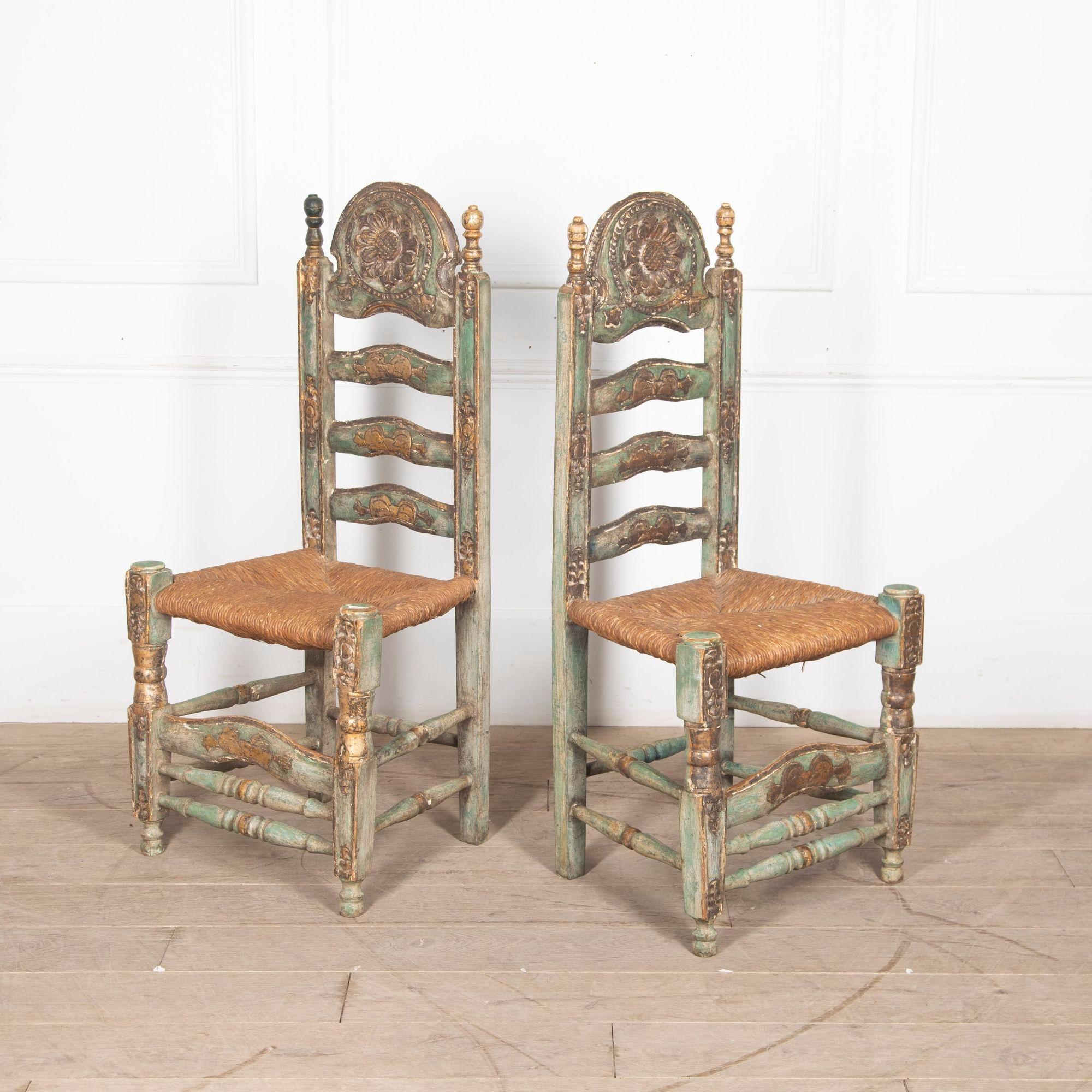 Wood Set of Six 20th Century Andalusian High Back Chairs For Sale