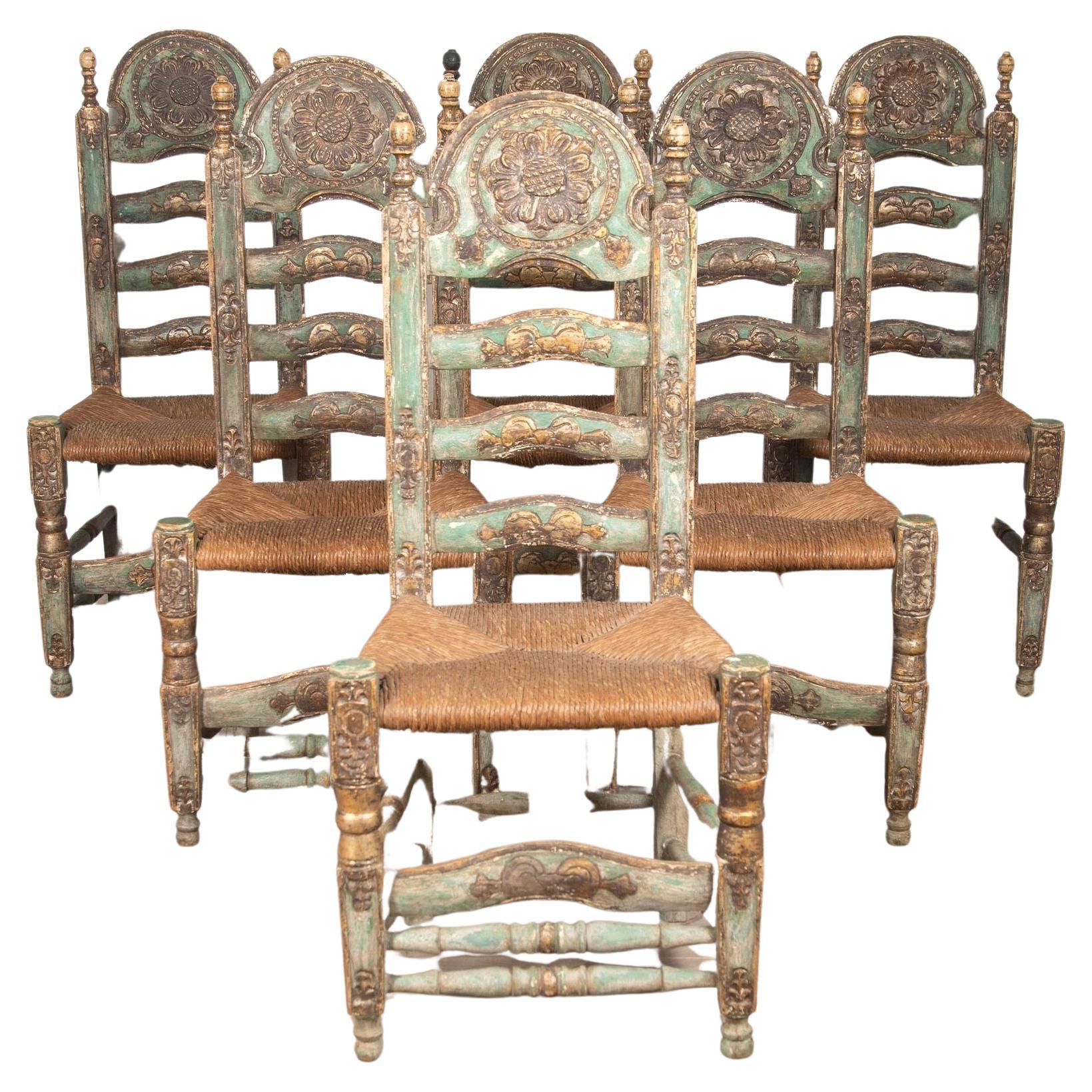 Set of Six 20th Century Andalusian High Back Chairs For Sale