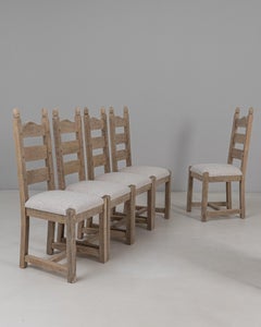 Set of Six 20th Century Belgian Upholstered Oak Ladderback Oak Dining Chairs