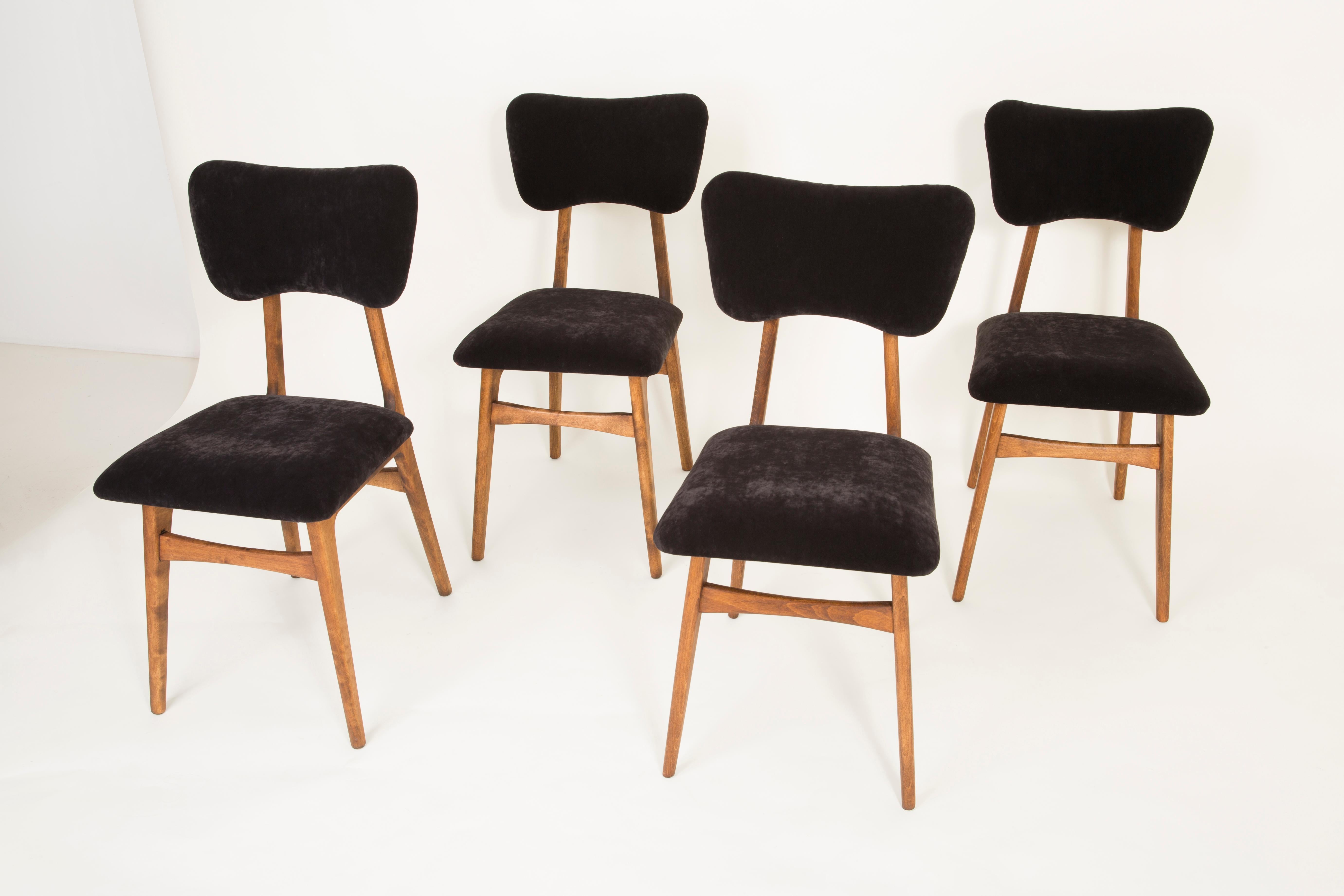 Polish Set of Six 20th Century Black Velvet Chairs, Europe, 1960s For Sale